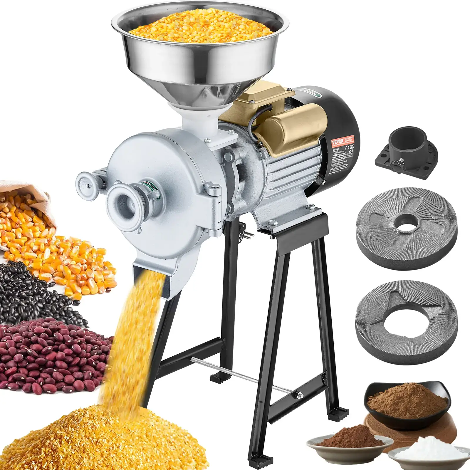 3000W High Power Commercial Grain Grinder, Heavy Duty Dry Wet Electric Mill, Adjustable Thickness Powder Machine for Wheat Corn Spice Cereal with Feeding Funnel