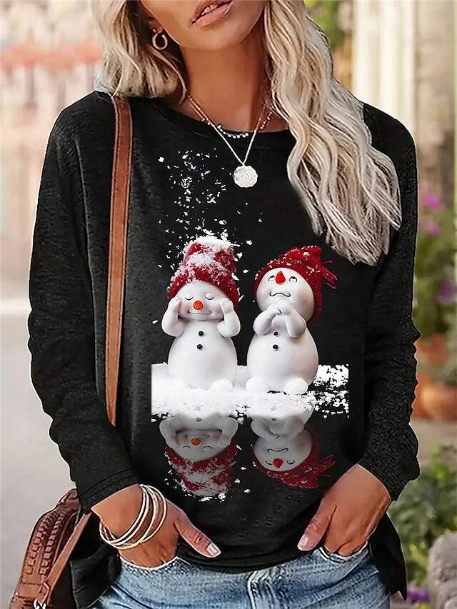 Women's Christmas Sweatshirt Reindeer Snowflake Print Long Sleeve Crew Neck Holiday Red White Casual Festive Winter Clothing Apparel