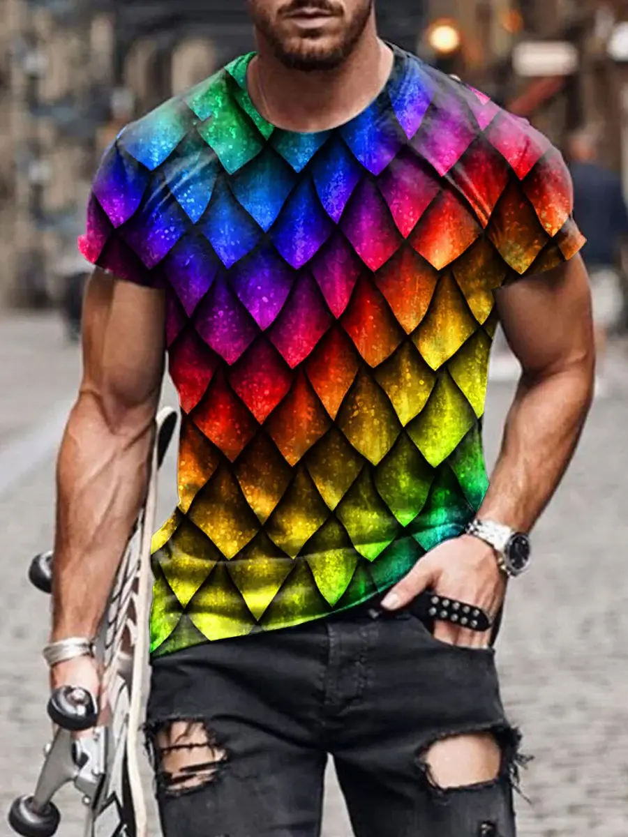 Men's Abstract Geometric Rainbow  Art Print Casual T-Shirt