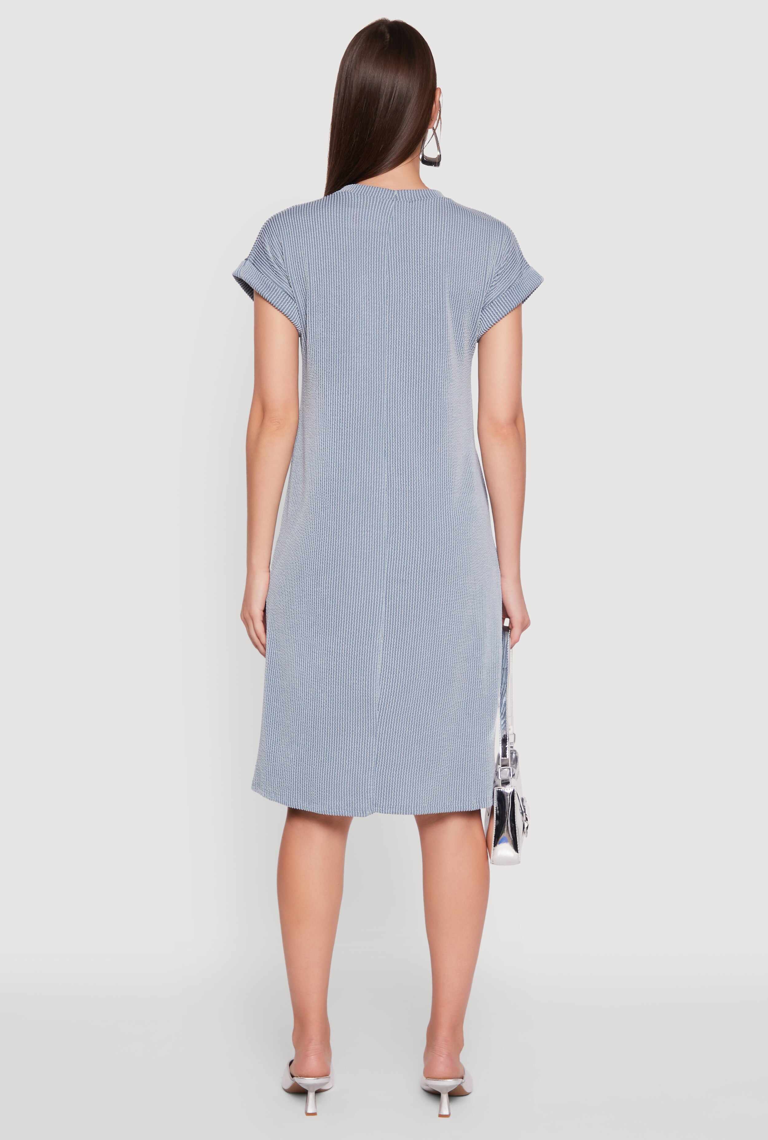 Rib Knit Shadow Stripe Fixed Cuff T-Shirt Dress