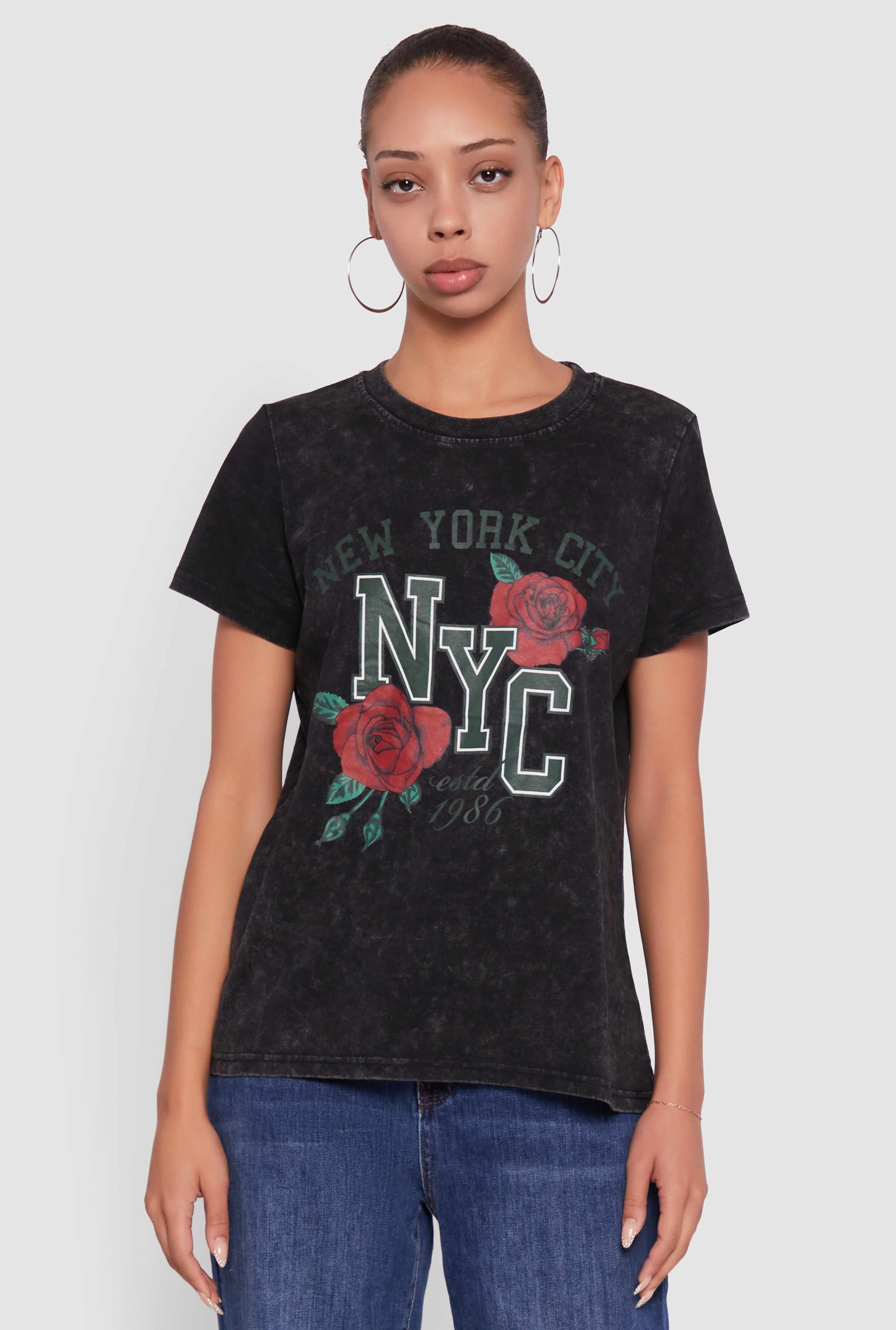 NYC Graphic Rose Print Acid Wash Classic Tee