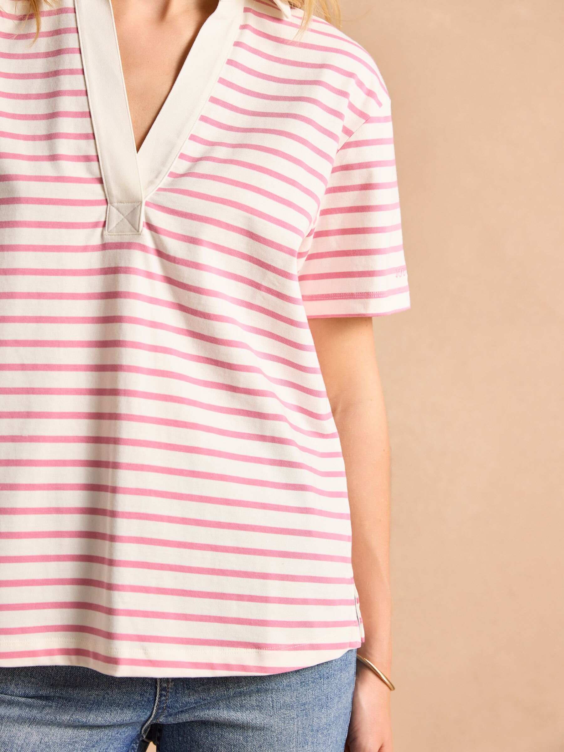 Tallie Pink/White Short Sleeve Combed 100% Cotton Collared Top