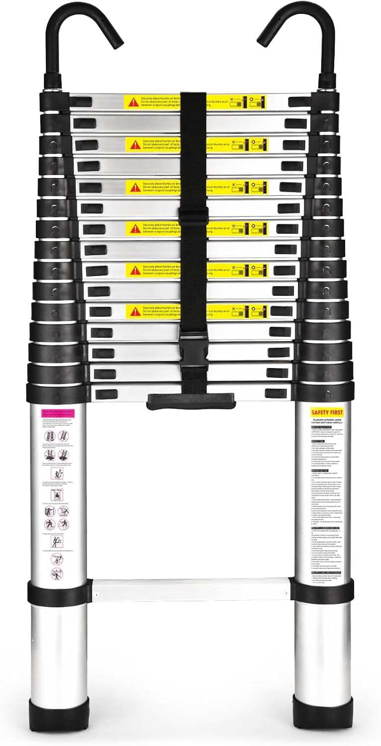 Telescoping Ladder, 12.5 FT Aluminum Lightweight Extension Ladder with 2 Triangle Stabilizers, Heavy Duty 330lbs Max Capacity, Collapsible Ladder with Hooks for RV or Outdoor Work