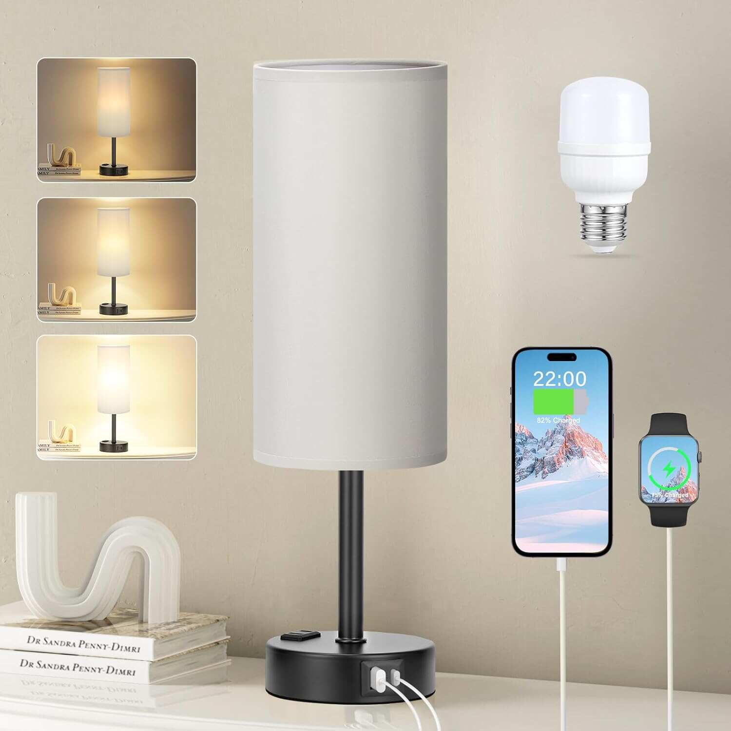 Bedside Table Lamp for Bedroom - 3 Way Dimmable Touch Lamp USB C Charging Ports and AC Outlet, Small Lamp Wood Base Round Flaxen Fabric Shade for Living Room, Desk, LED Bulb Included