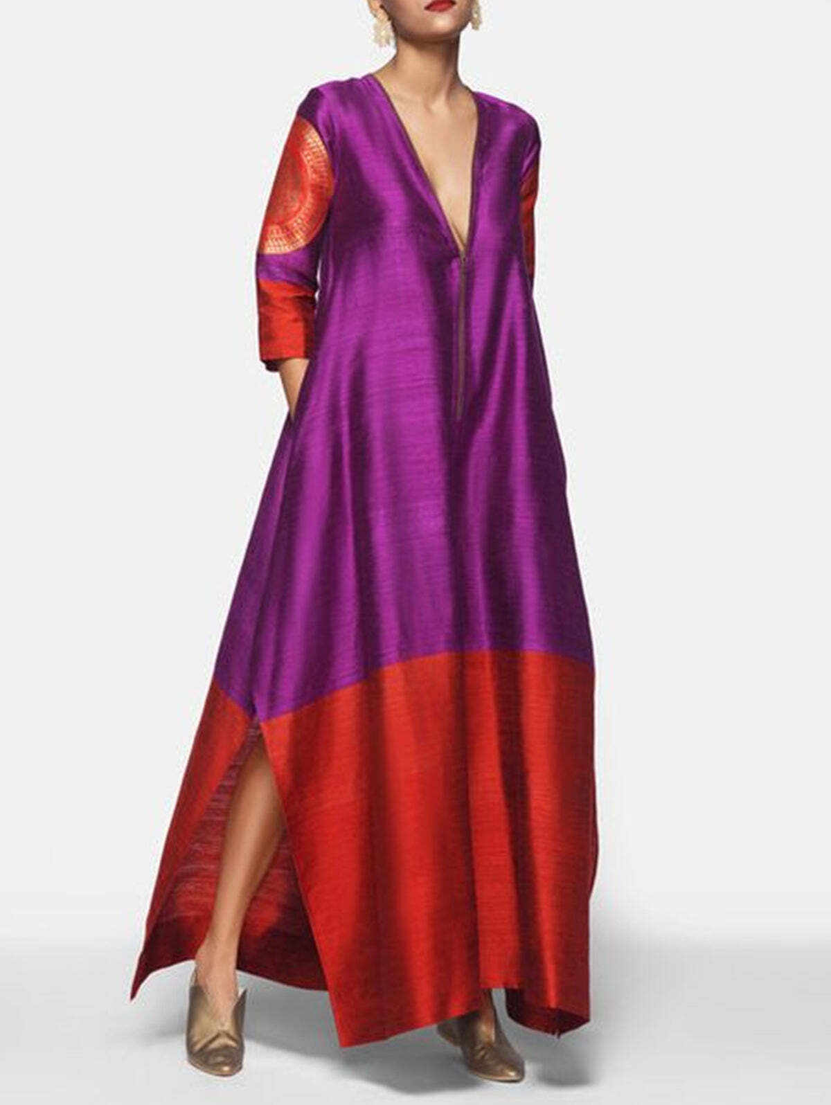 Elegant Color Block Deep V-Neck 3/4 Sleeve Split Maxi Dress