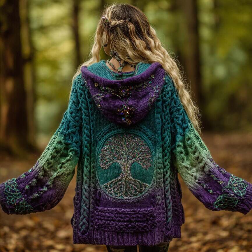 Women's Vintage Viking Tree Of Life Gradient Art Knit Zipper Cardigan Sweater