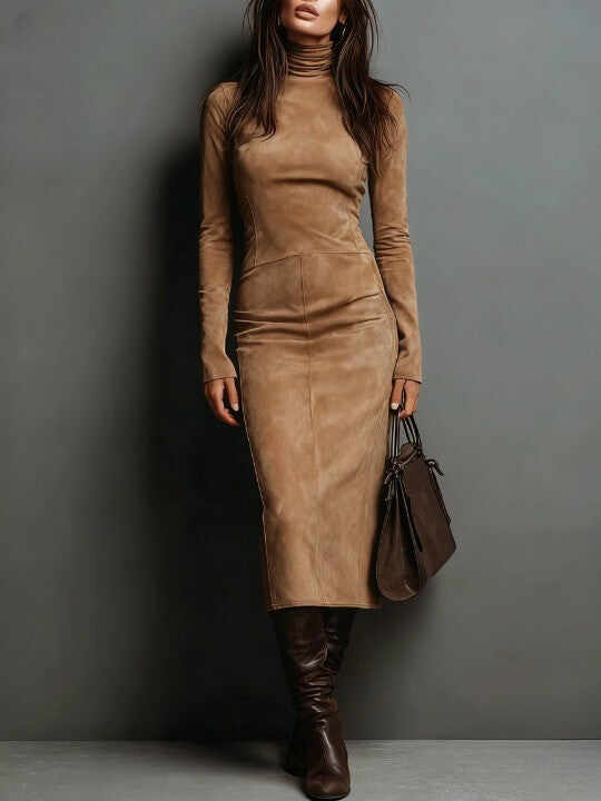 High Neck Long Sleeve Suede Midi Dress