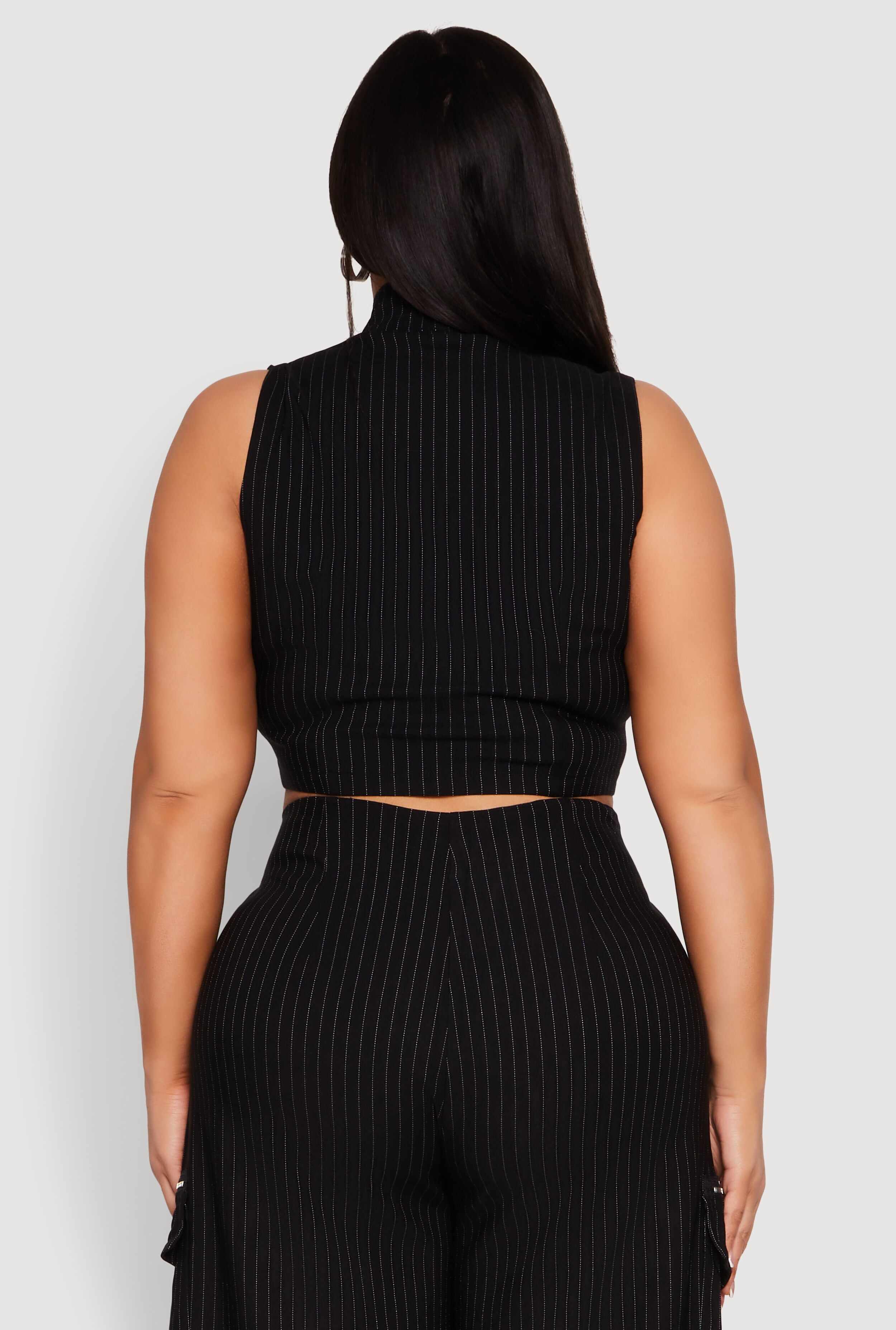 Plus Size Pinstripe Zip Front Crop Top