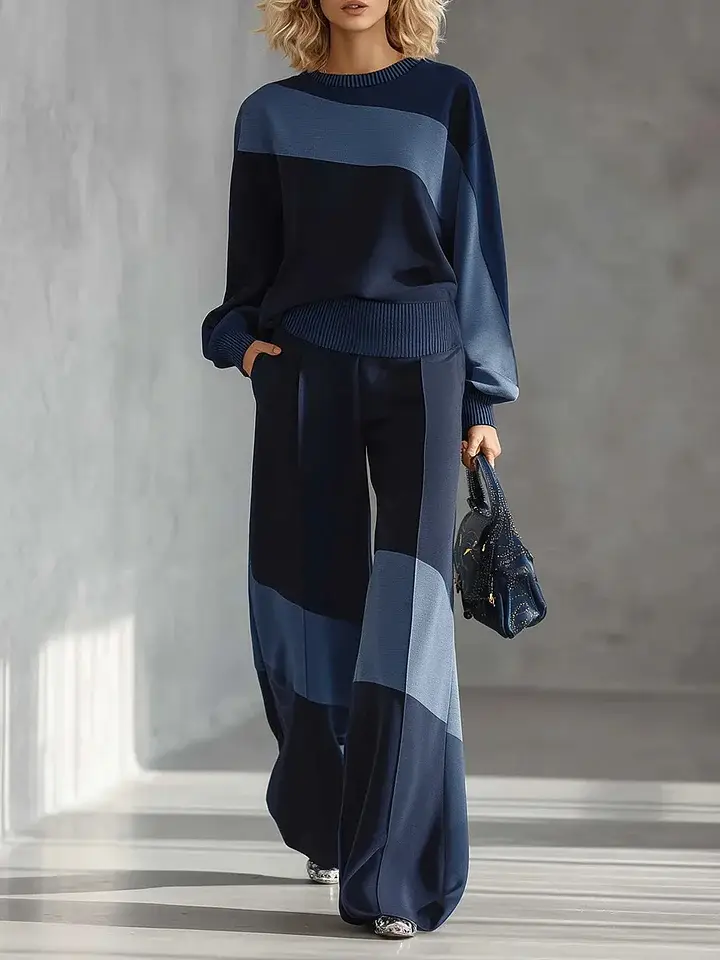 🔥Summer Arrivals🌟Women's Color-block Round Neck Long-sleeved Casual Loose Wide-leg Pants Knitted Set
