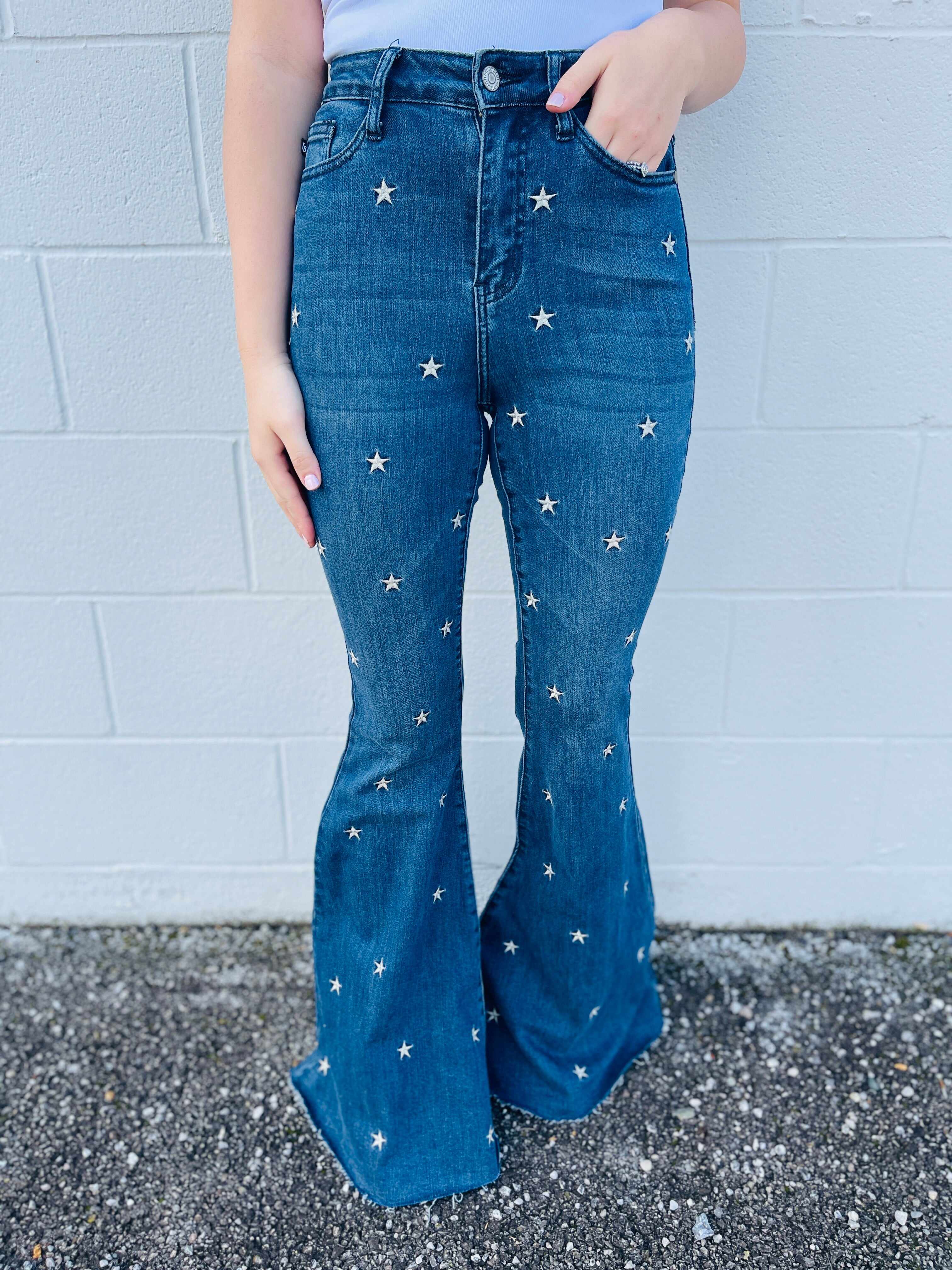 PLUS/REG Wishing On A Star Embroidered Flared Jeans