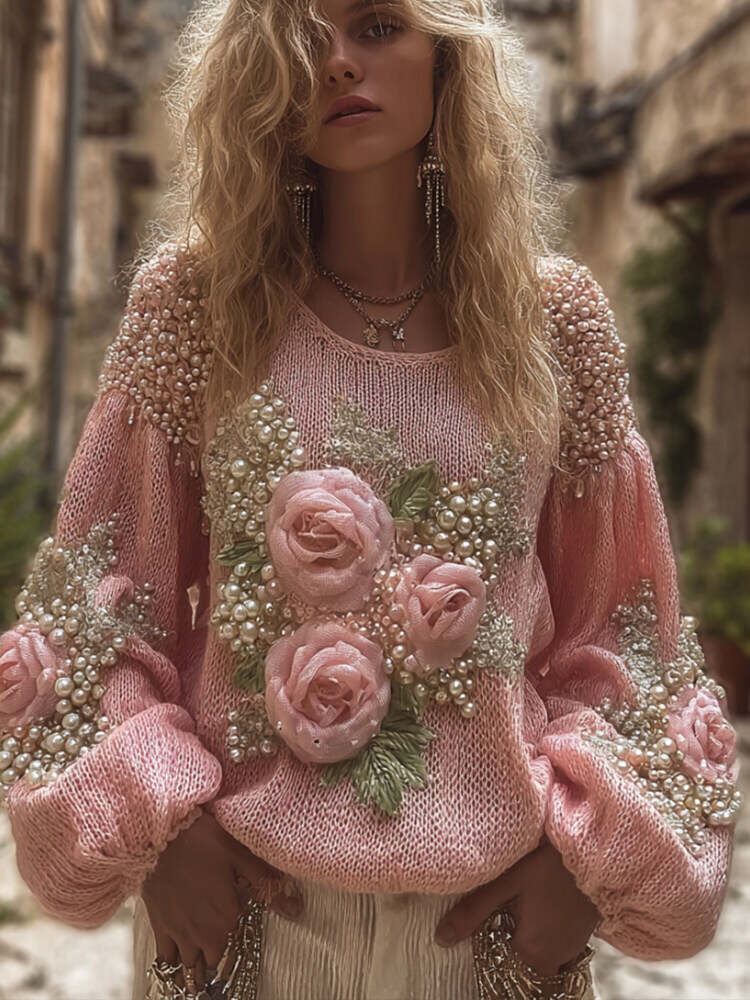 Women's Pink Rose Pearl Vintage Casual Pullover Sweater