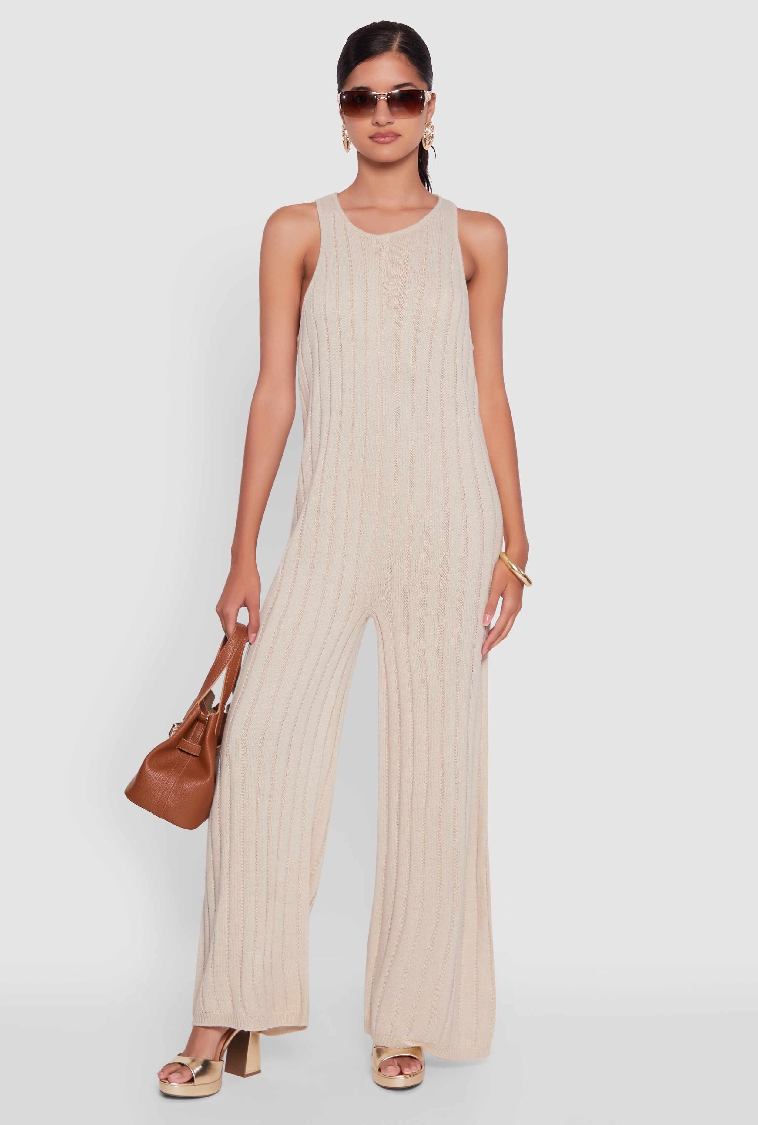 Button Back Keyhole Ribbed Knit Jumpsuit