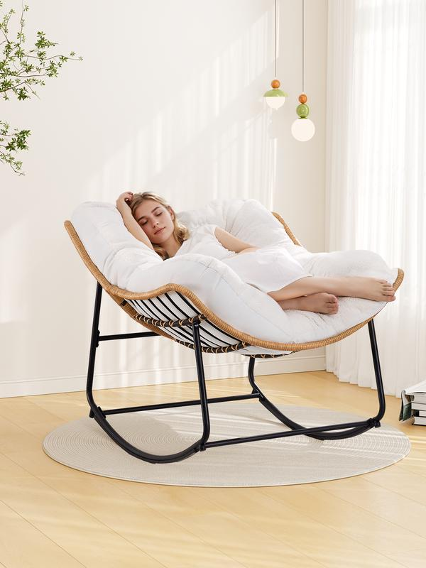 【Double-Side Fabric & SPOTLIGHT DAY】ONBRILL Oversized Indoor Outdoor Rocking Chairs, Comfy Papasan Rocking Chair with Padded Cushion, Rattan Wicker Lounge Chair, Modern Reading Accent Chair for Balcony Garden, LivingRoom Furniture,Christmas Gift