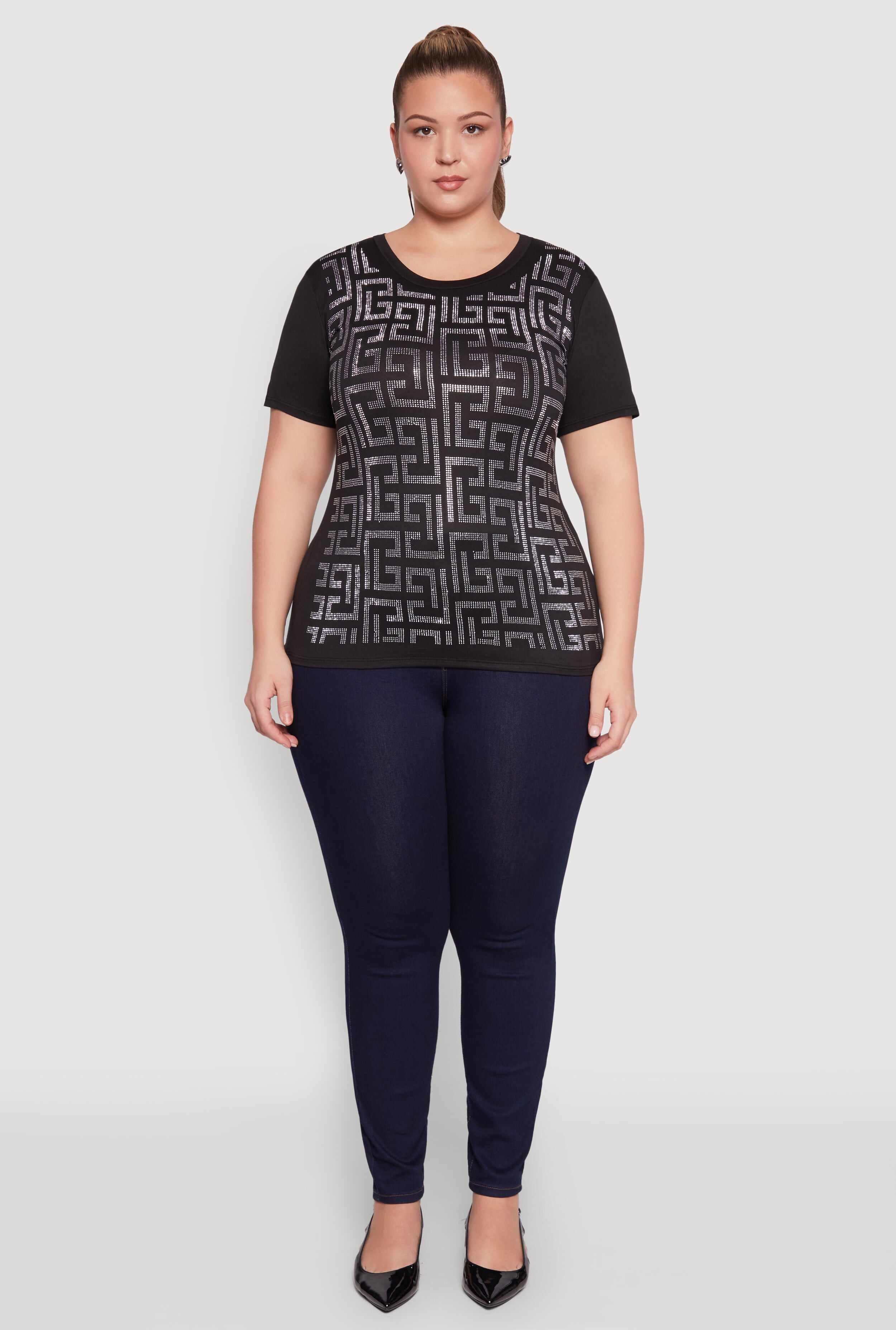 Plus Size Soft Knit Greek Key Rhinestone T Shirt