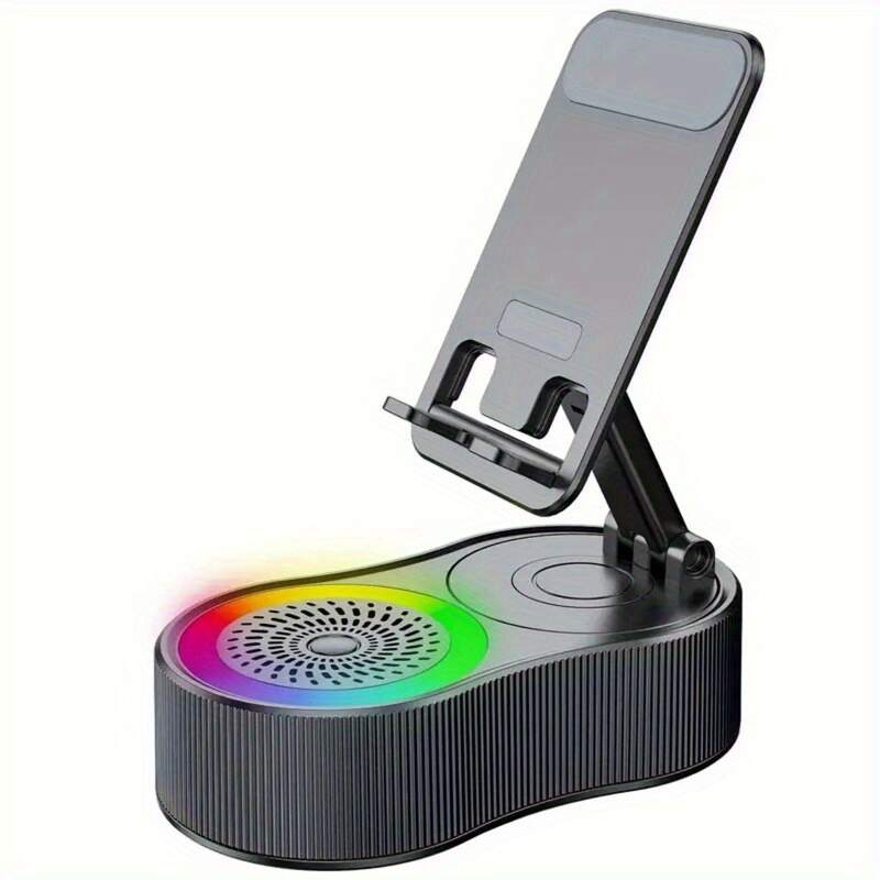 Upgraded Multi-Function Phone Holder with Wireless Speaker, RGB Mood Light & Wireless Charging - USB-C, Rechargeable Battery, Compatible with Phones/Tablets, Indoor/Outdoor Use, Valentine's Day & Holiday Gift, Multimedia Accessory, Speckled Design, Sturdy