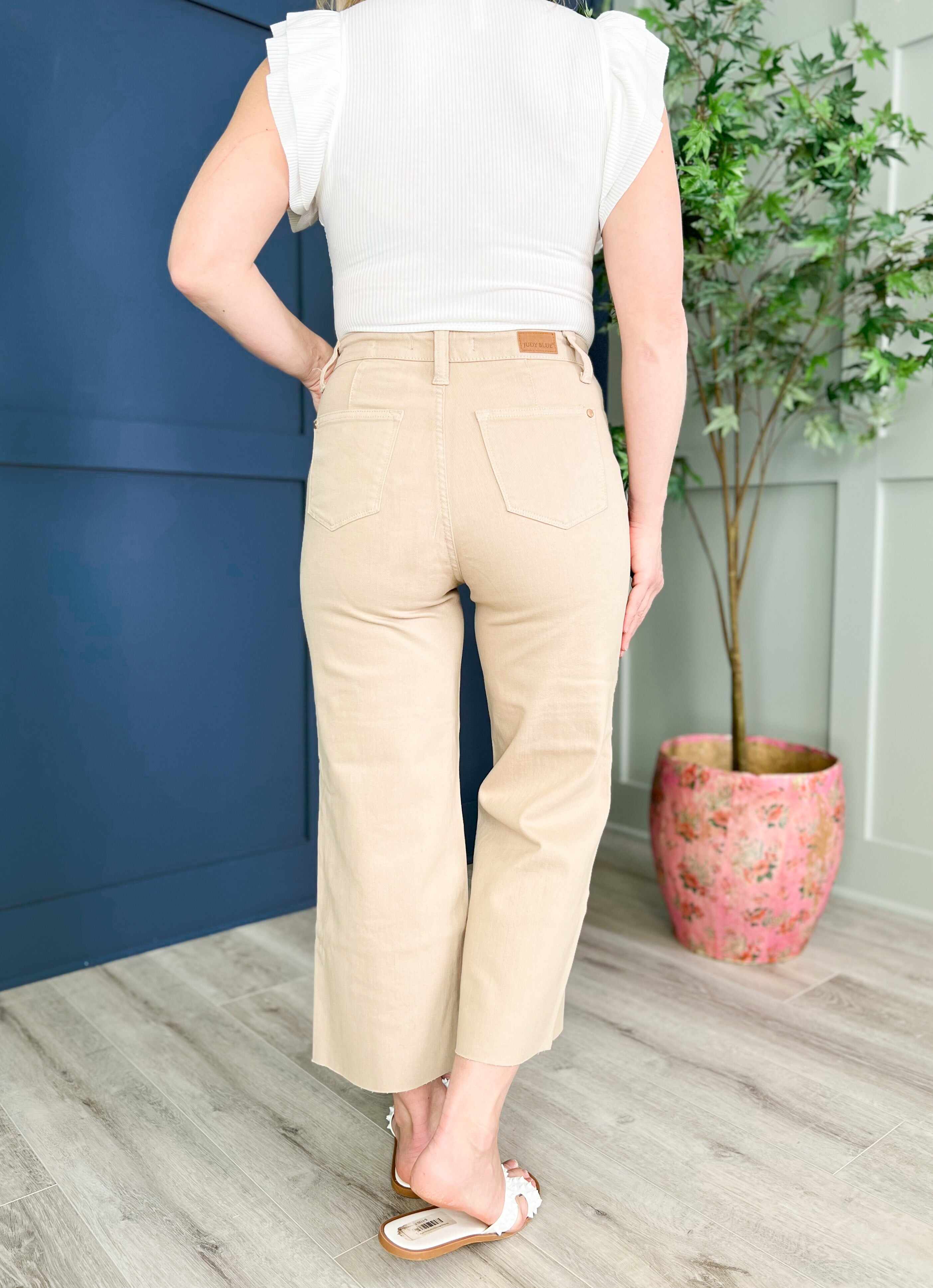 Love You a Latte  Khaki High Rise Garment Dyed Wide Leg Cropped Jeans