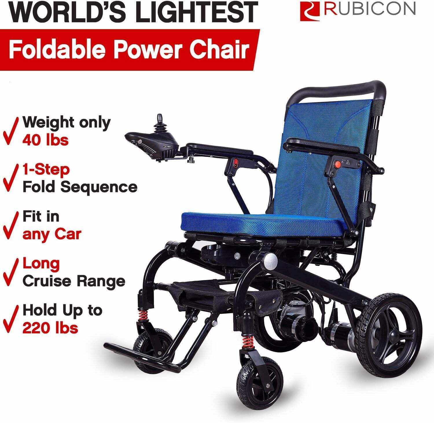 Rubicon DX06 Super Lightweight Electric Wheelchairs - Easy to Use - 12 mi Cruise Range - Detachable Battery 10AH - Liftable Armrest- Travel Size Foldable Power Wheelchair - Serviced from USA (Model1)