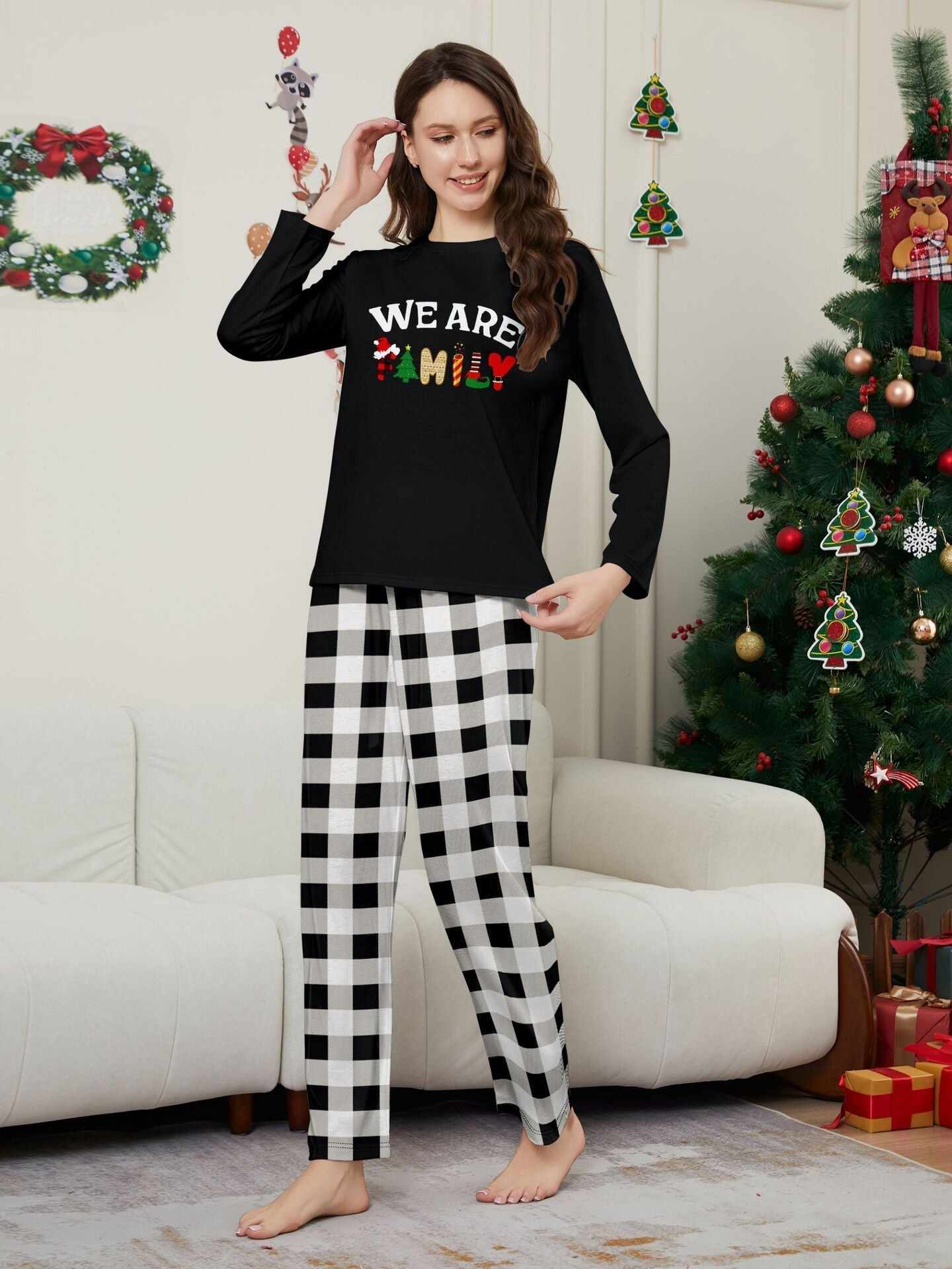 ��We Are Family�� Long Sleeve Monogrammed Plaid Parent-Child Pajamas