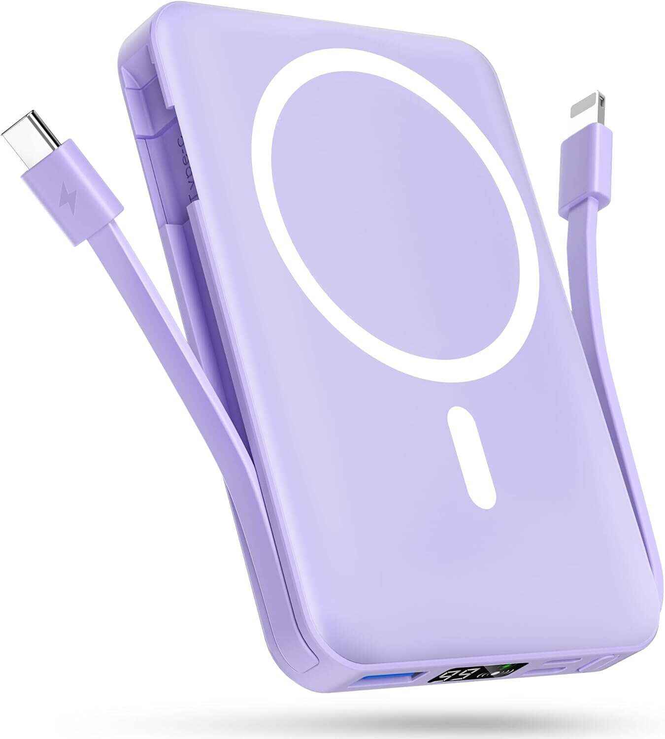 podoru Wireless Portable Charger, 10000mAh Magnetic Power Bank Built-in USB-C Lighting Cables 22.5W PD Fast Charging LED Display Mag-Safe Battery Pack for iPhone 15/14/13/12/Mini/Pro/Pro Max - White