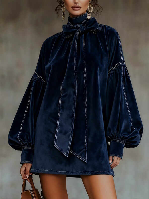 Dark Blue Velvet Bow Lantern Sleeve Mini Dress