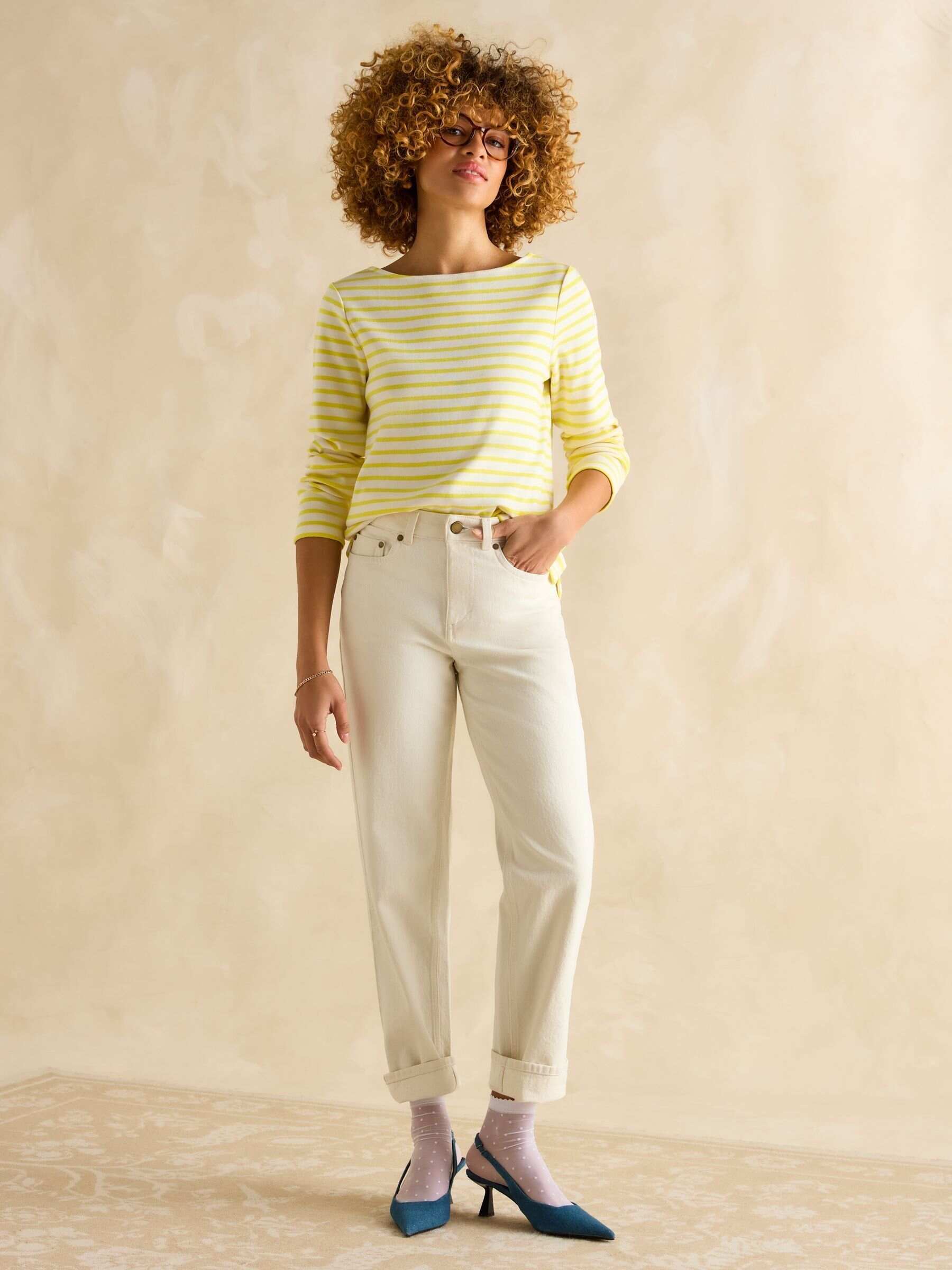 Harbour Yellow/White Boat Neck 100% Cotton Breton Top