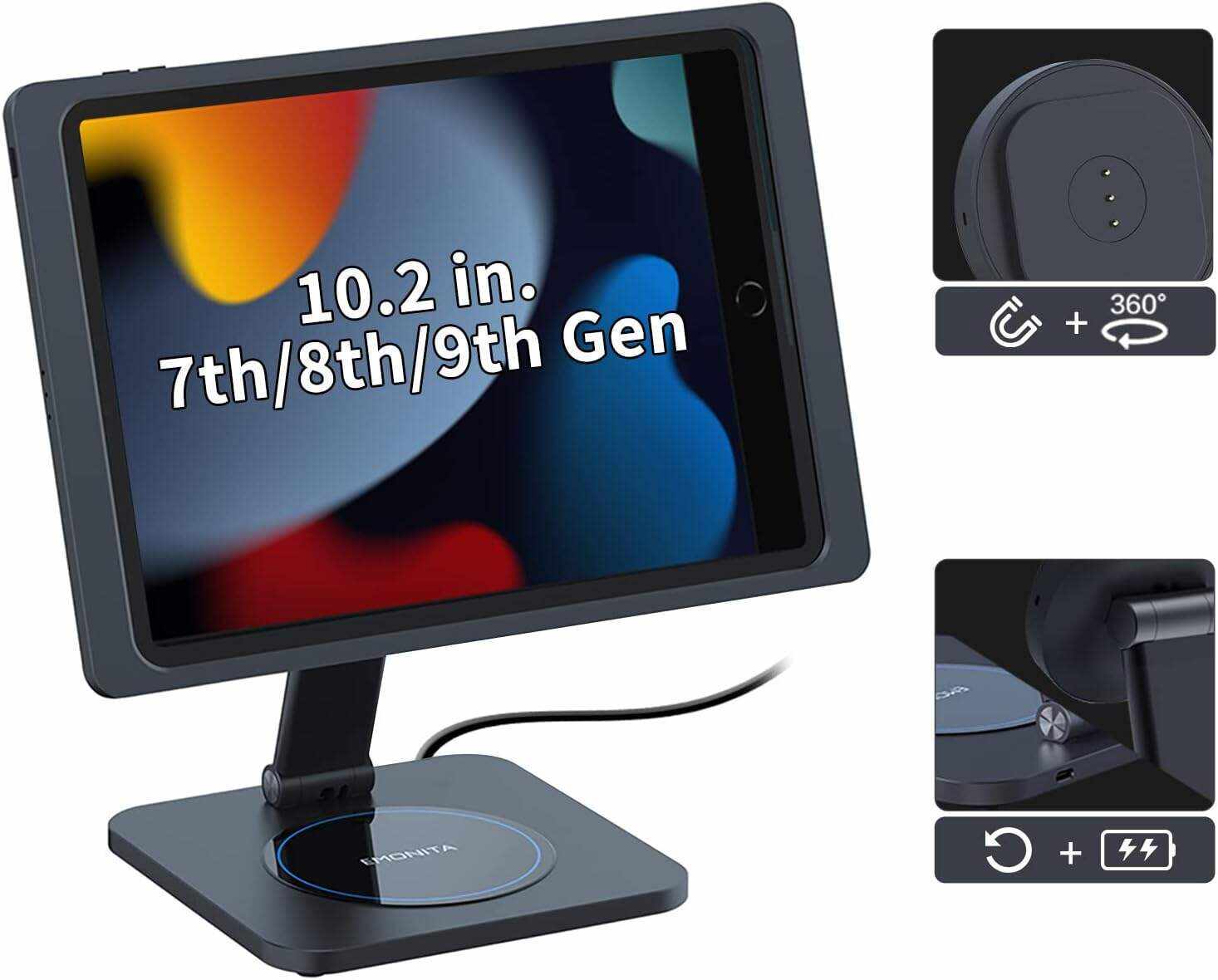 EMONITA Magnetic Stand with Charging Case for 10.2 Inch 7th / 8th / 9th Gen (2021/2020/2019). 18W USB C Fast Charging Cable Included, Foldable L Shape, Strong Magnets, 360 Rotation, 180 Tilt