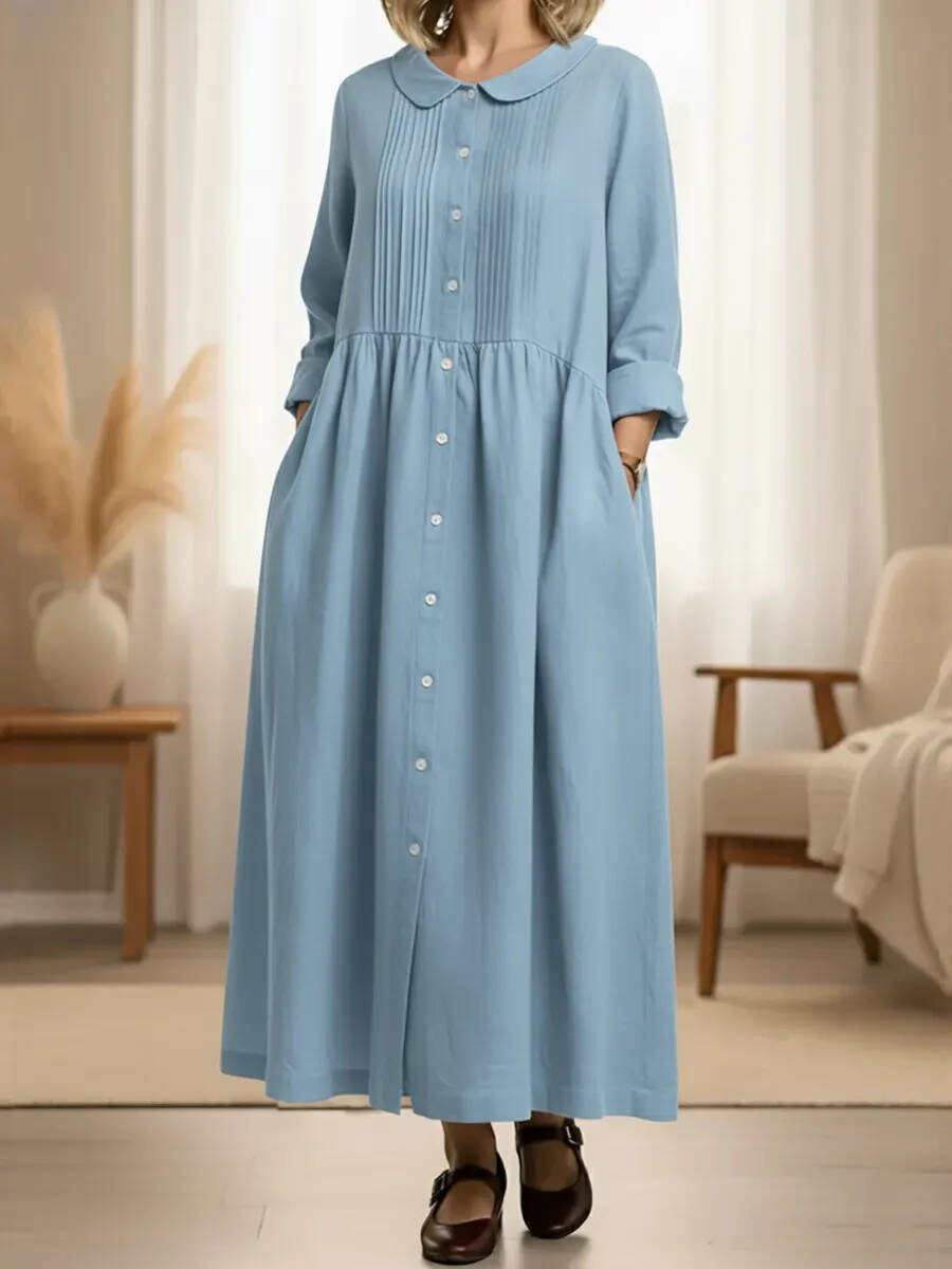 🔥Summer Arrivals🌟Women's Peter Pan Collar Long-sleeved Cotton And Linen Dress