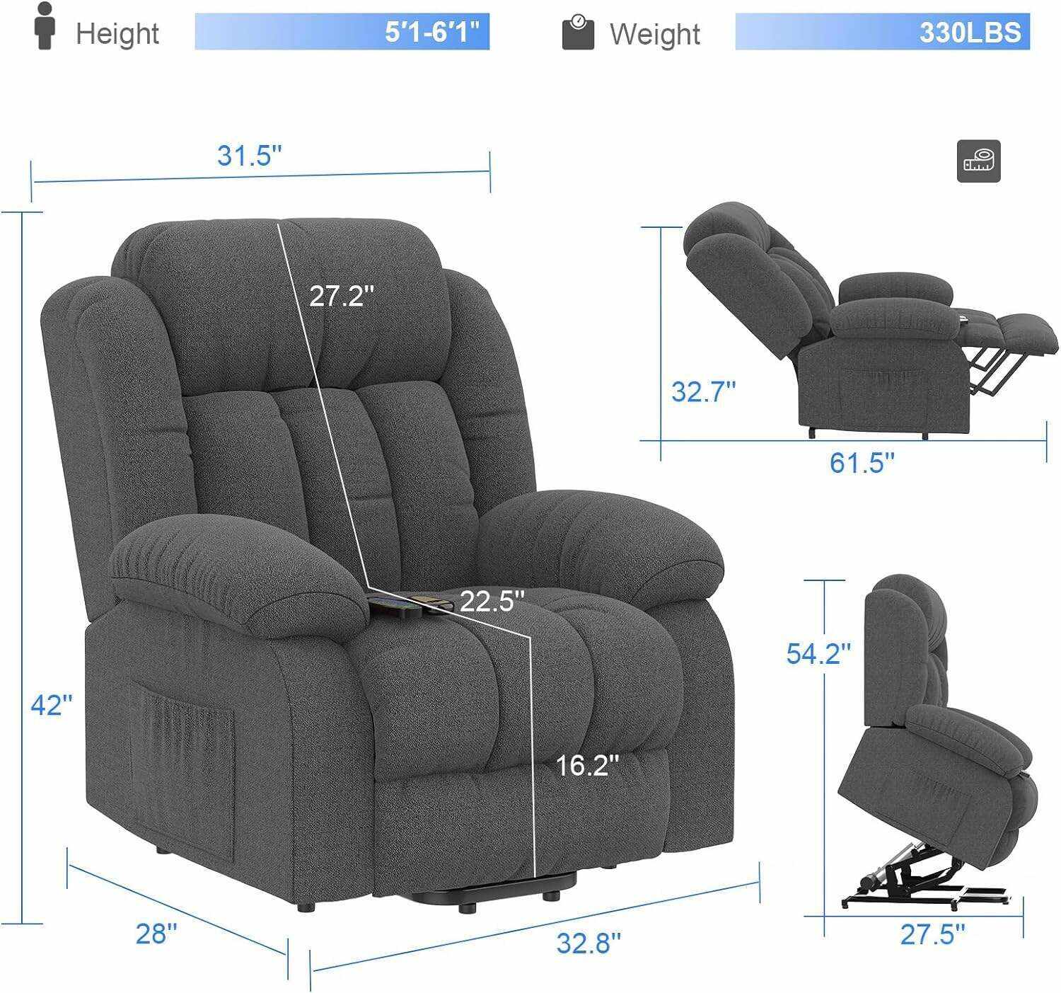 YONISEE Lar2ge Lift Chairs Recliner for Elderly - Power Fabric Lift Chair Modern with Massage and Heat, Extended Footrest, 3 Positions, 2 Side Pockets, and Cup Holders, USB Ports, Coffee Color