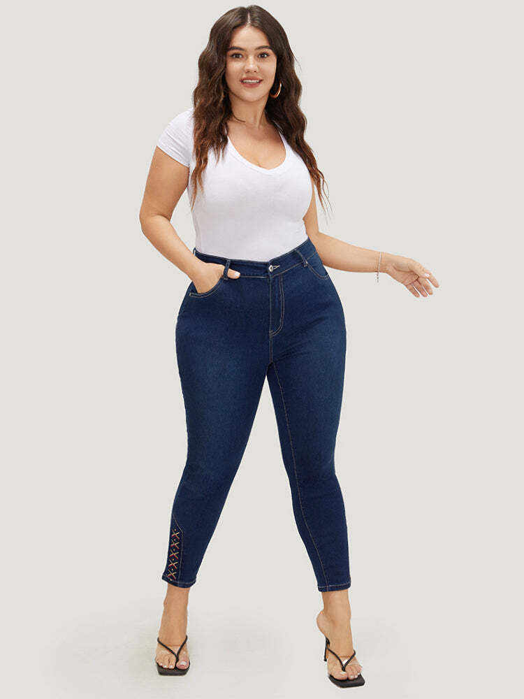 Very Stretchy High Rise Dark Wash Geometric Embroidered  Jeans