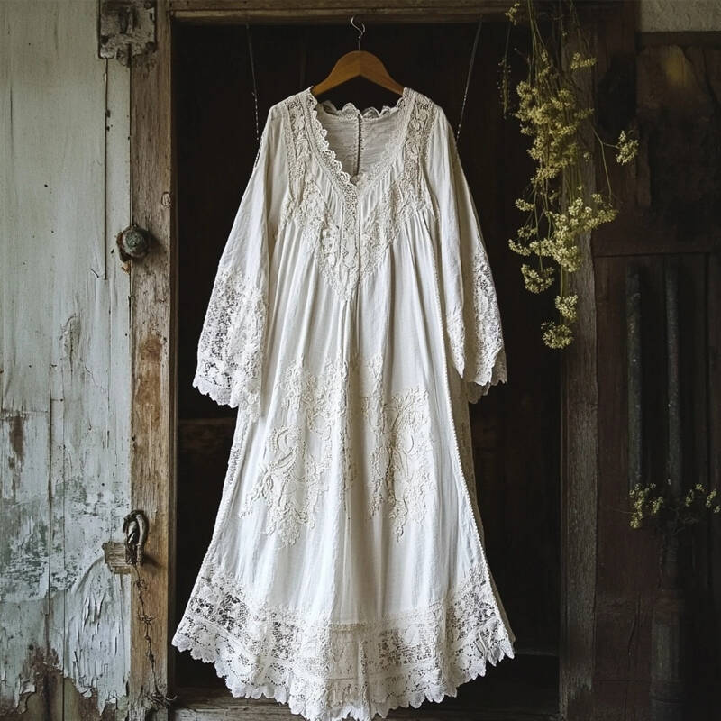 Vintage Floral Embroidered Lace Hem Linen Cozy Maxi Dress