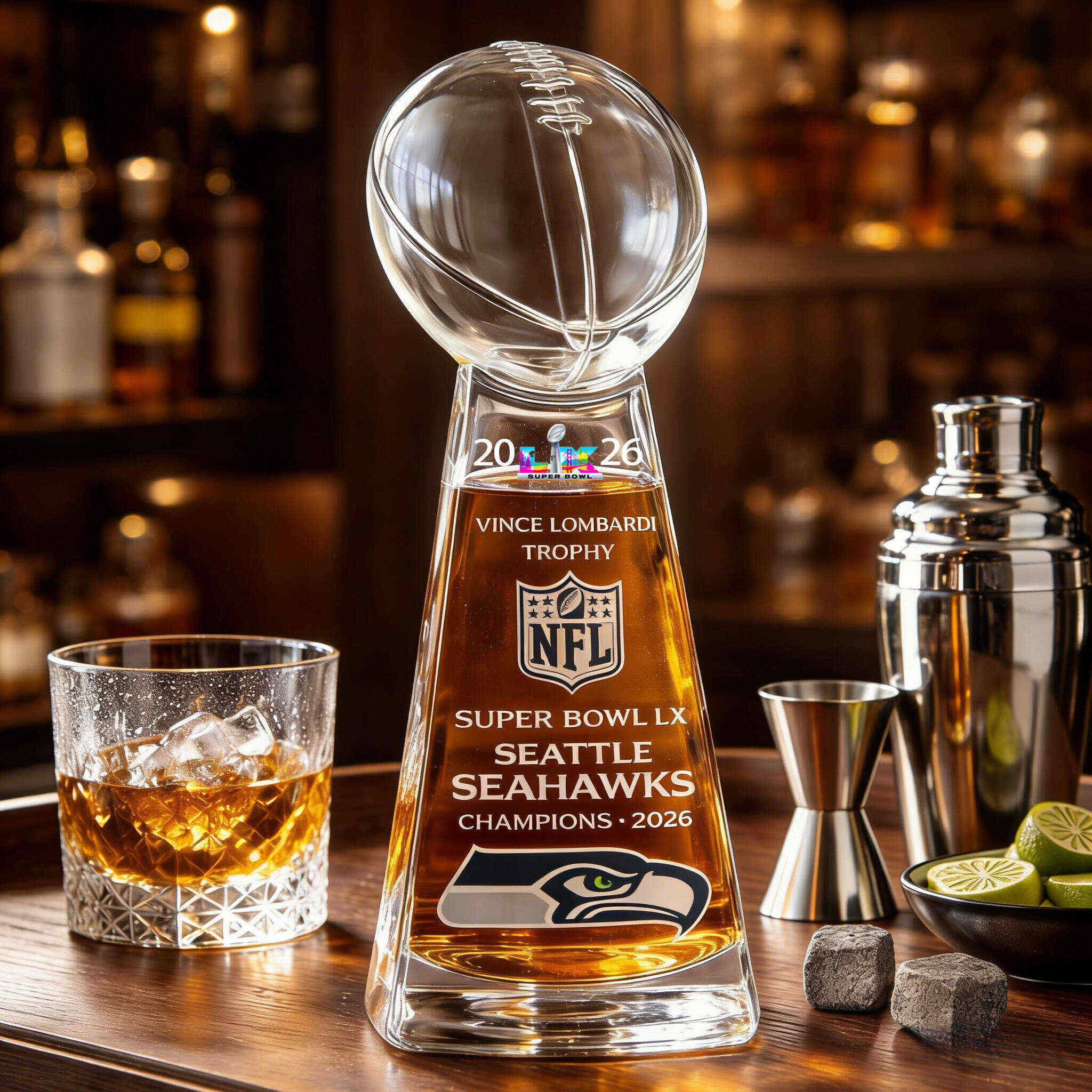 Seattle Seahawks Super Bowl LX Champions 2026 Commemorative Whiskey Bottle