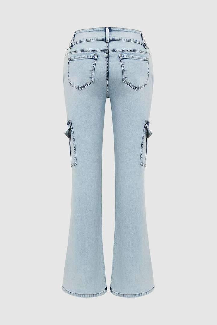 Multi Pocket Double Button Mid Rise Flare Cargo Jeans