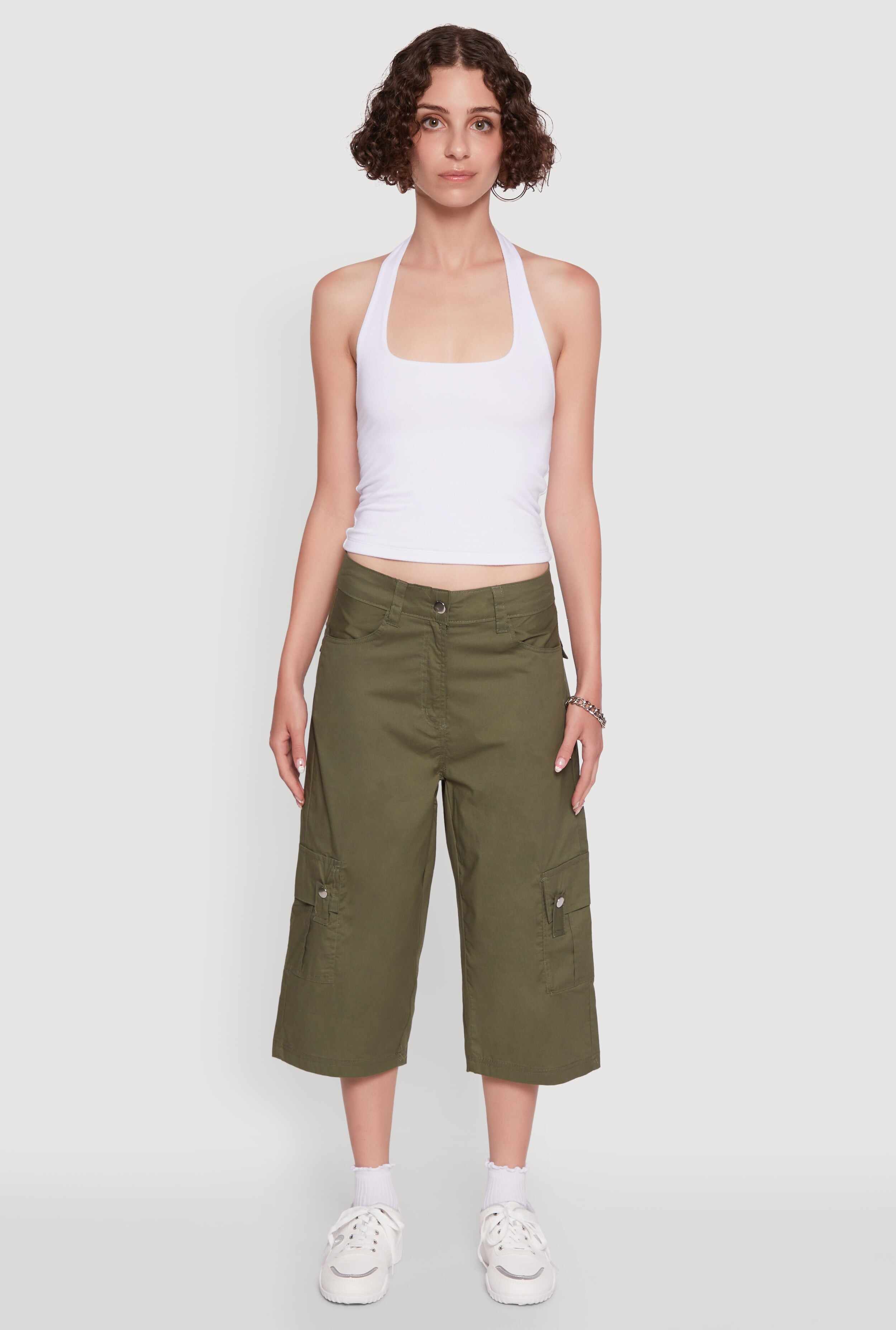Wide Leg Cargo Pocket Capris Pants