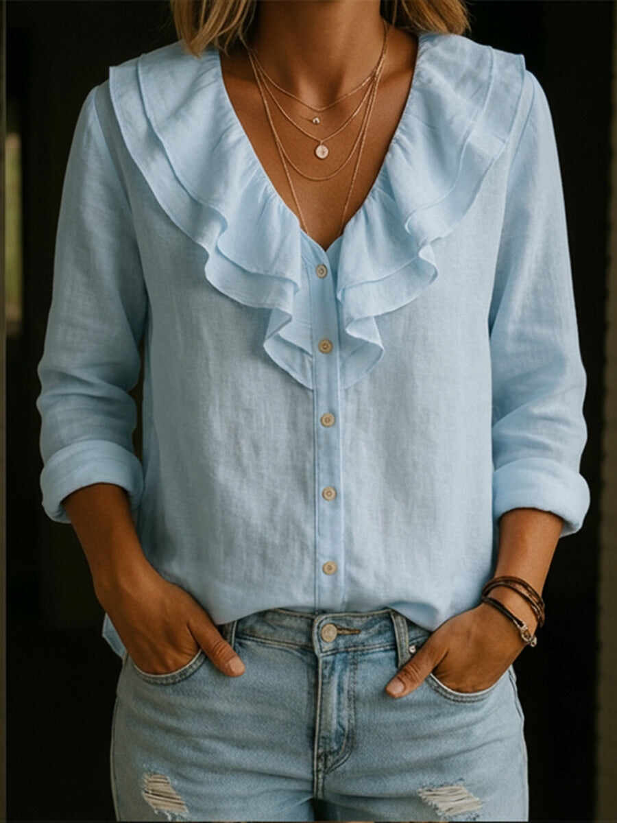 🔥Summer Arrivals🌟Women's Ruffled Collar Linen And Cotton Shirt