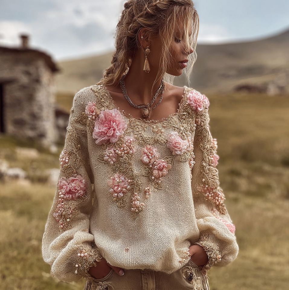 Bohemian Style Round Neck Long Sleeve 3d Floral Design Women's Sweater