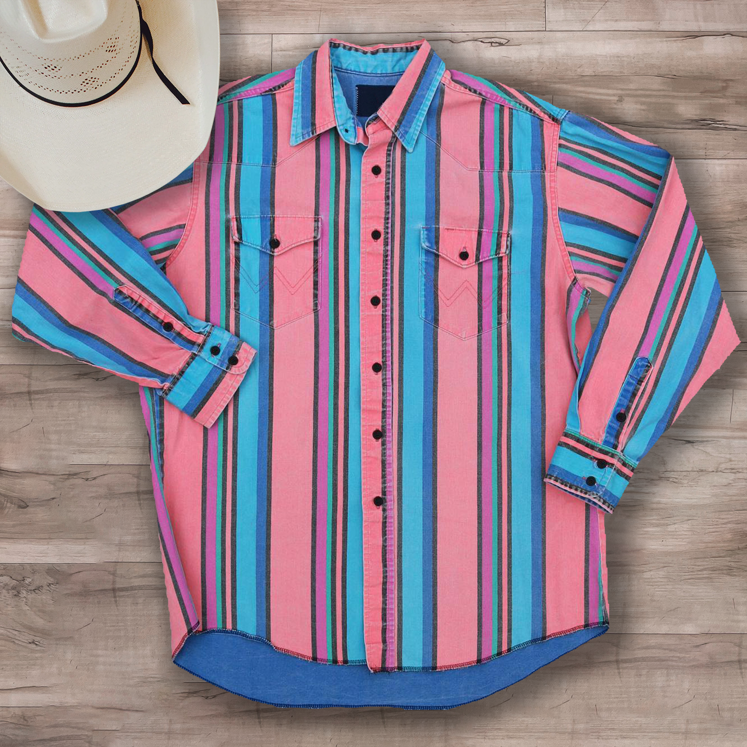 Men's Lapel Casual Western Blue Orange Striped Shirt