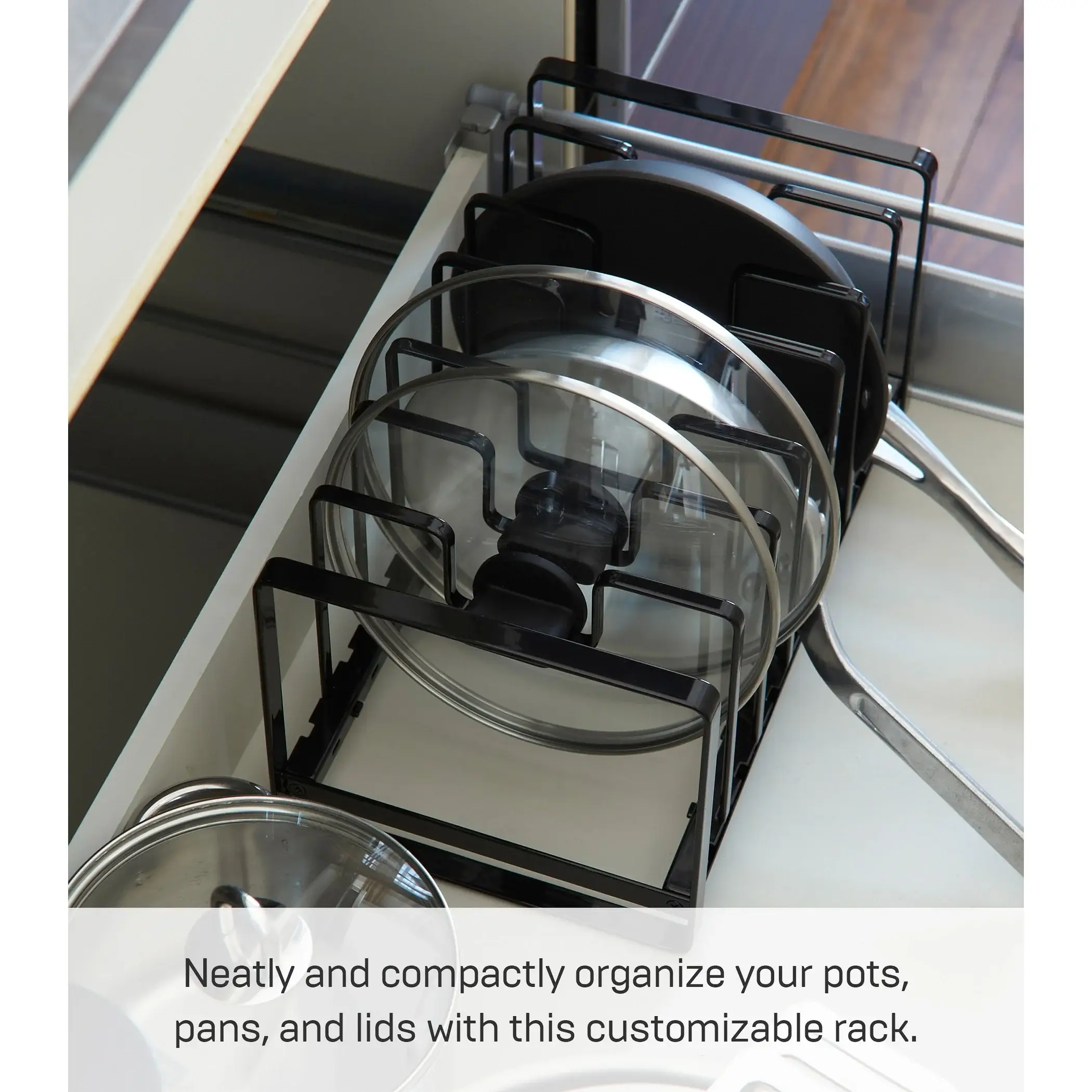 Yamazaki Home Adjustable Pot Lid and Frying Pan Organizer, Steel, Holds 15.4 lbs - L 7.87 x W 13.78 x H 7.09 inches