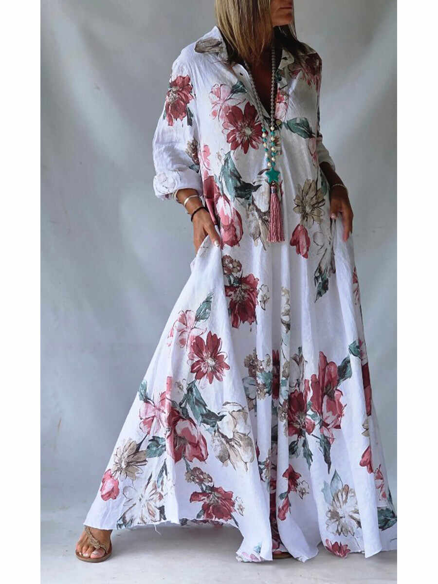 🔥Summer Arrivals🌟Loose-fitting Casual Linen And Cotton Floral Print Shirt Dress