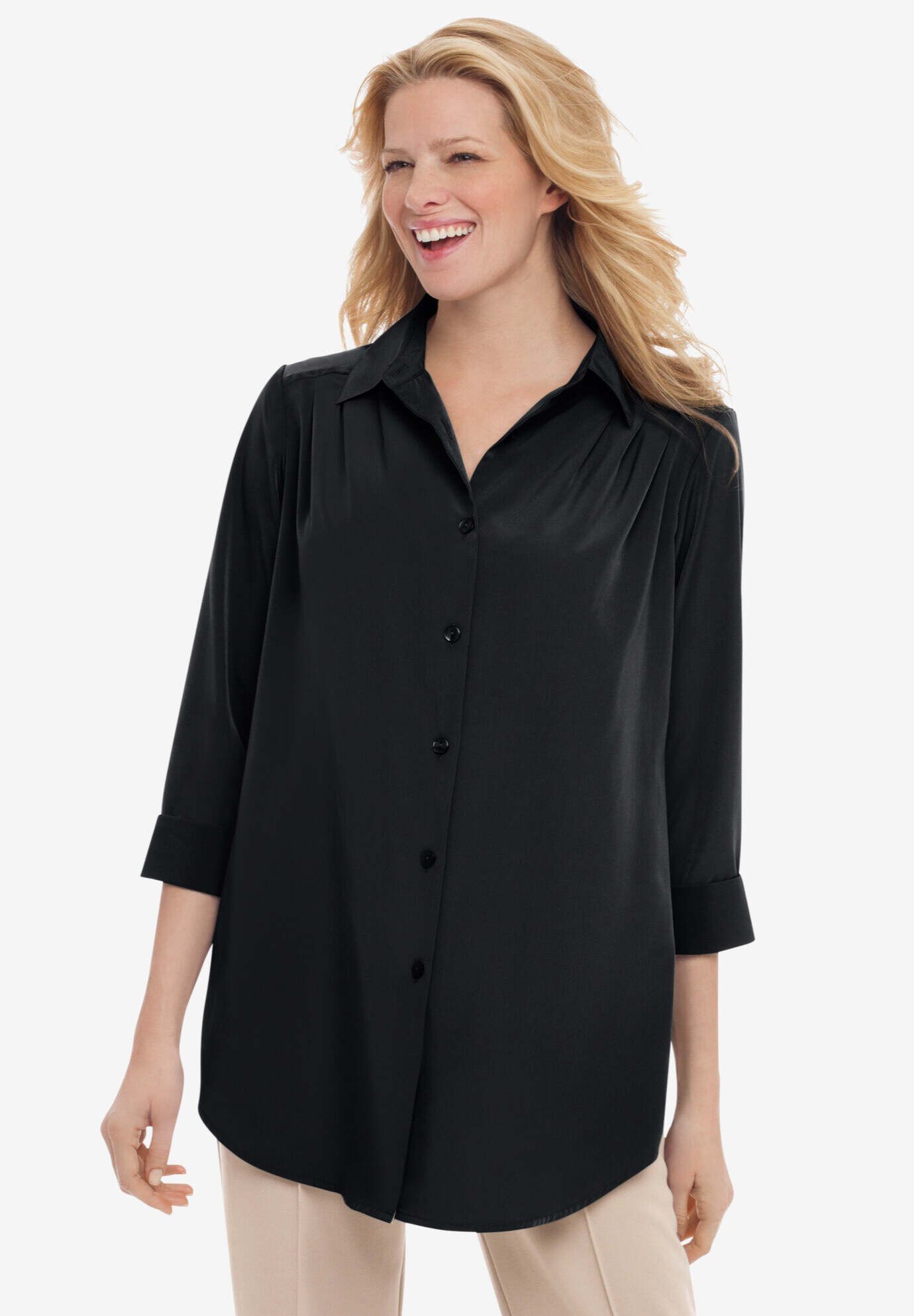 Three-Quarter Sleeve Peachskin Button Front Shirt