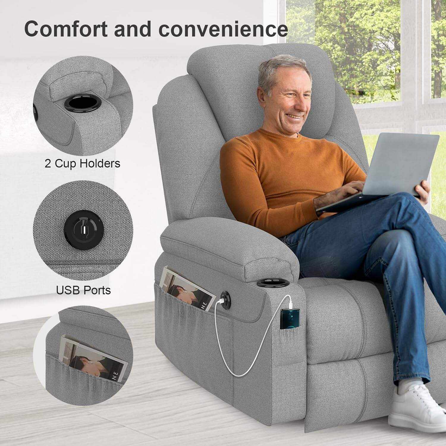 YONISEE Lar2ge Lift Chairs Recliner for Elderly - Power Fabric Lift Chair Modern with Massage and Heat, Extended Footrest, 3 Positions, 2 Side Pockets, and Cup Holders, USB Ports, Coffee Color