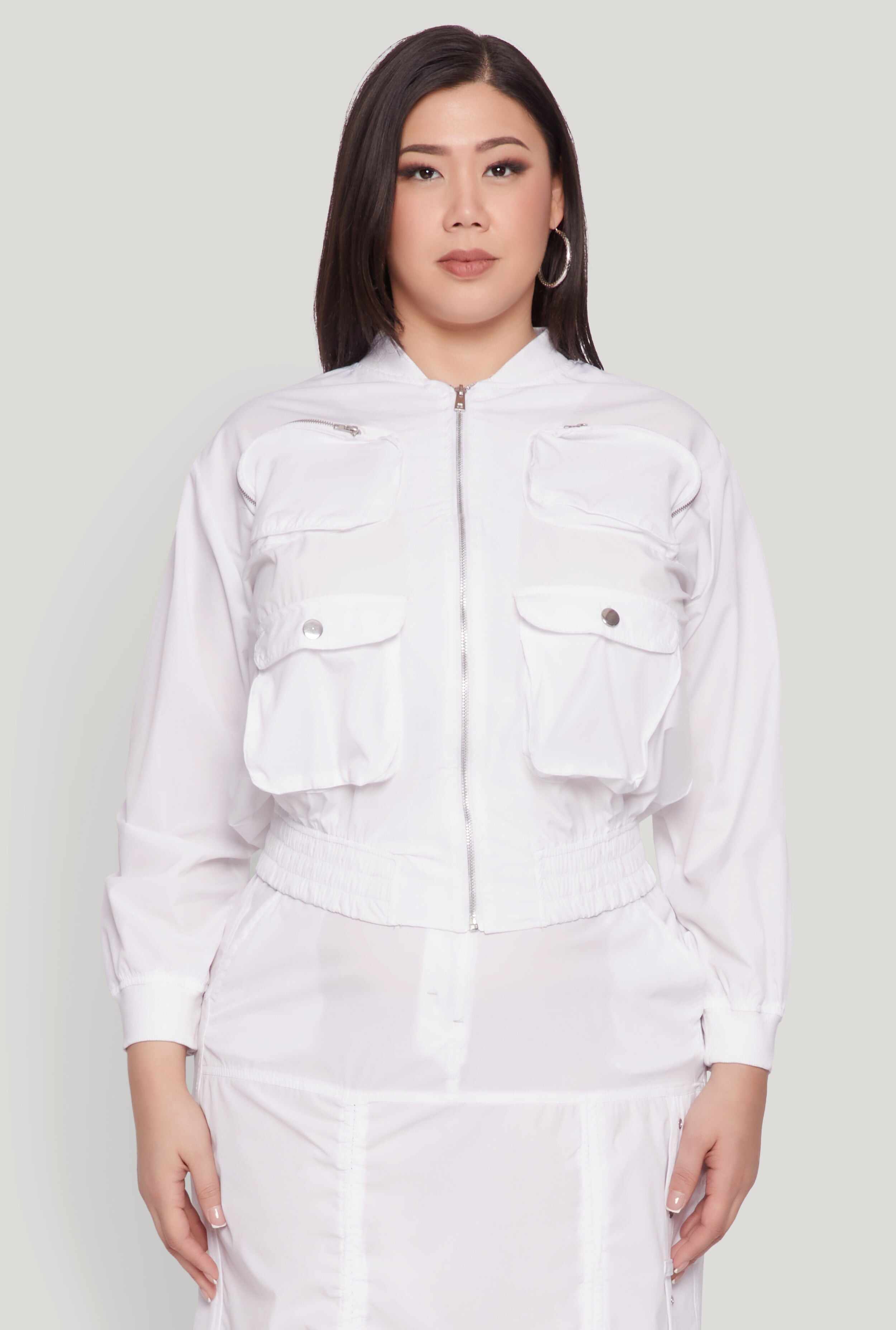 Plus Size Cargo Pocket Windbreaker Bomber Jacket