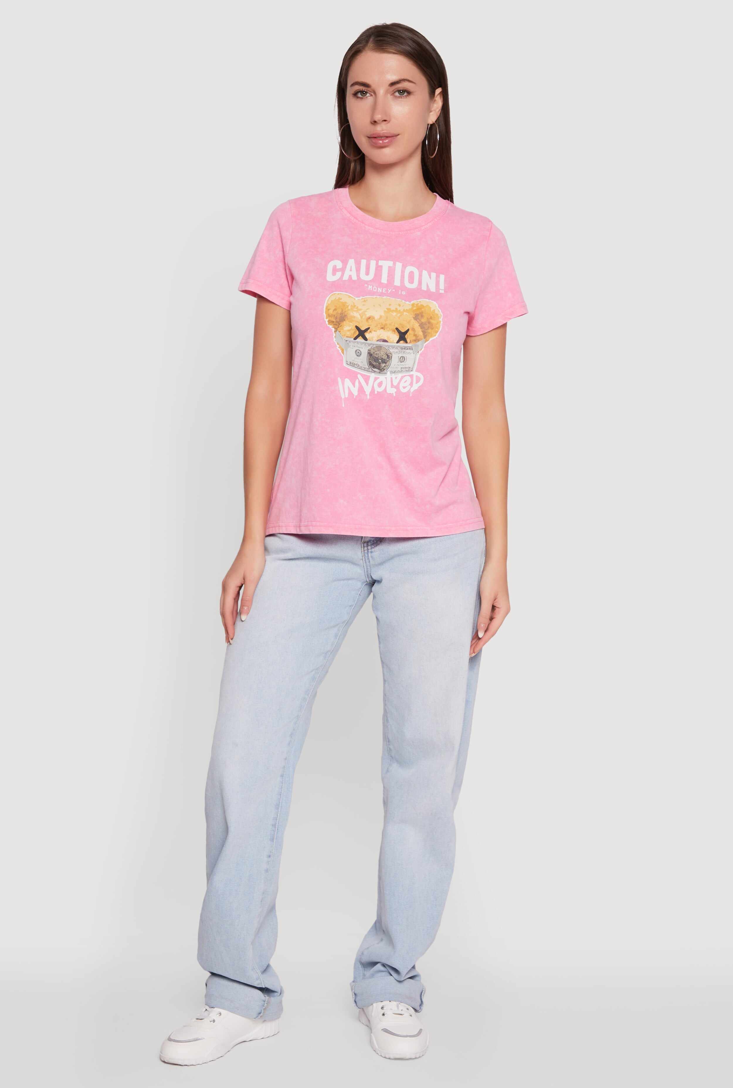 Acid Wash Teddy Bear Caution Graphic Crew Neck Tee