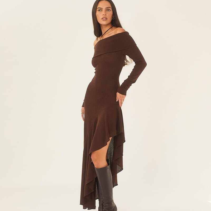 Temperament Off Shoulder Long Sleeve Irregular Hem Stretch Maxi Dress