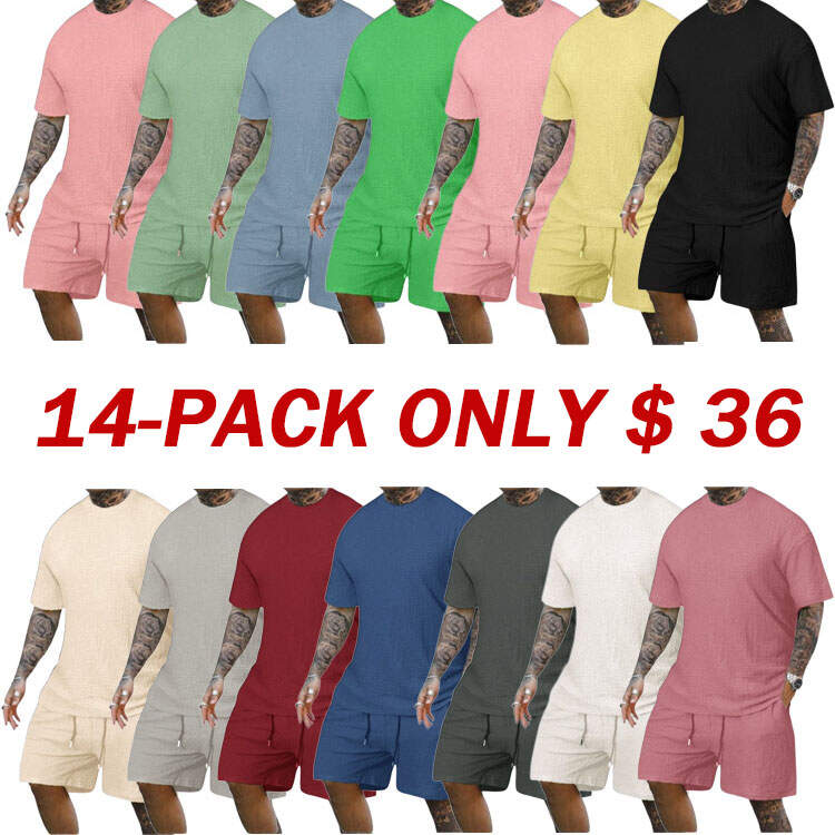 8 Pack-Men's Solid Textured Round Neck Tee & Drawstring Waist Shorts
