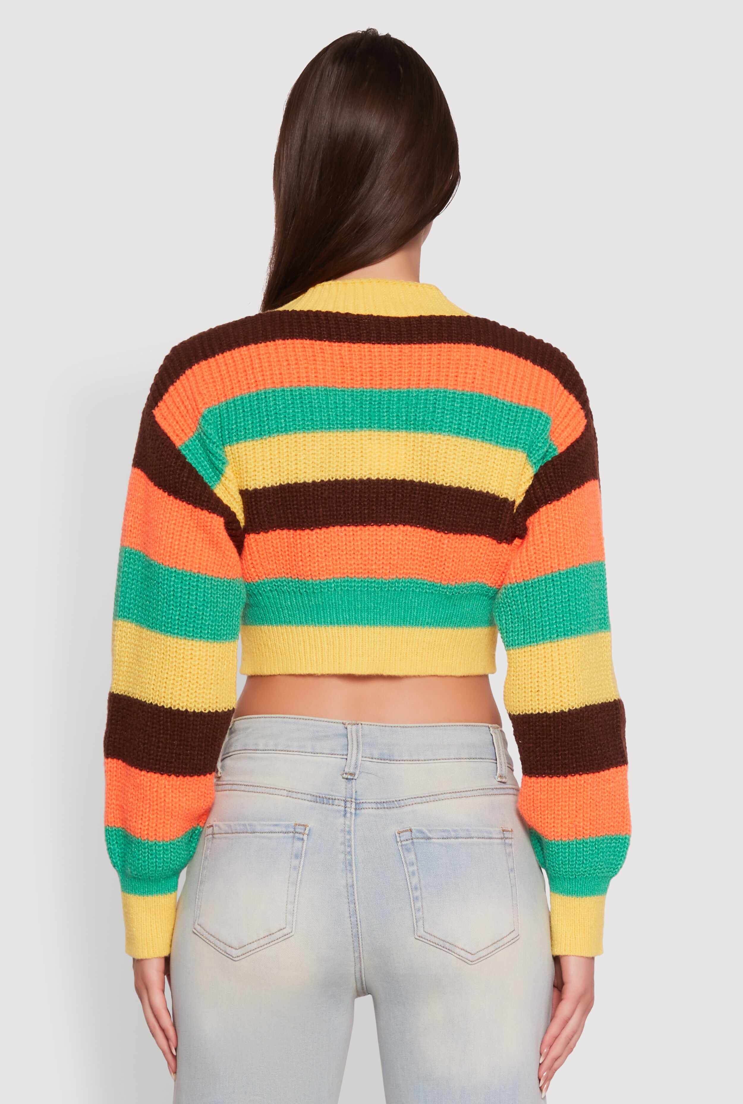 Daisy Striped V-Neck Button Front Cropped Cardigan