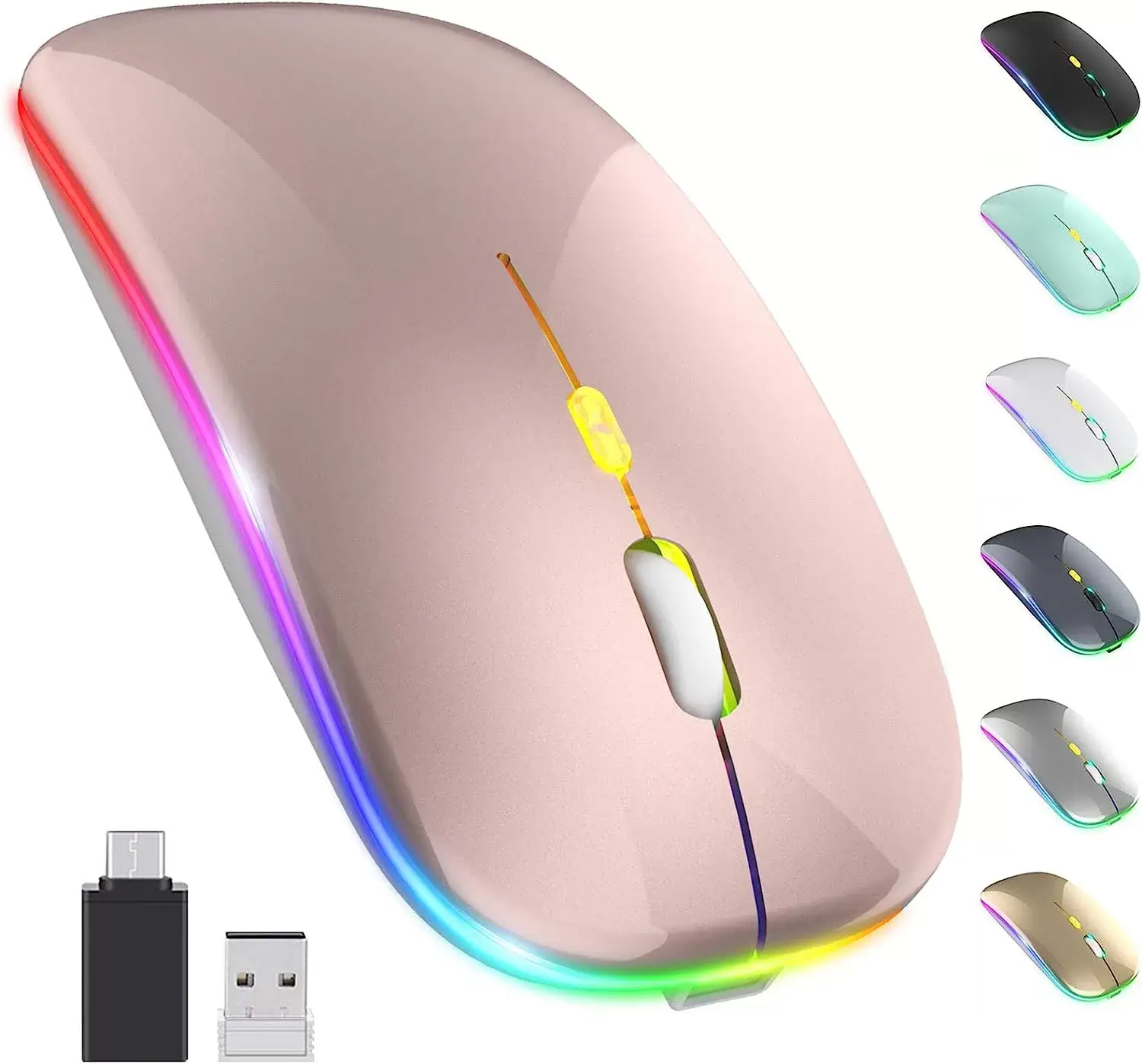 [Upgrade] LED Wireless Mouse, Slim Silent Mouse 2.4G Portable Mobile Optical Office Mouse with USB & Type-c Receiver, 3 Adjustable DPI Levels for Notebook, PC, Laptop, Computer, MacBook (Pink)