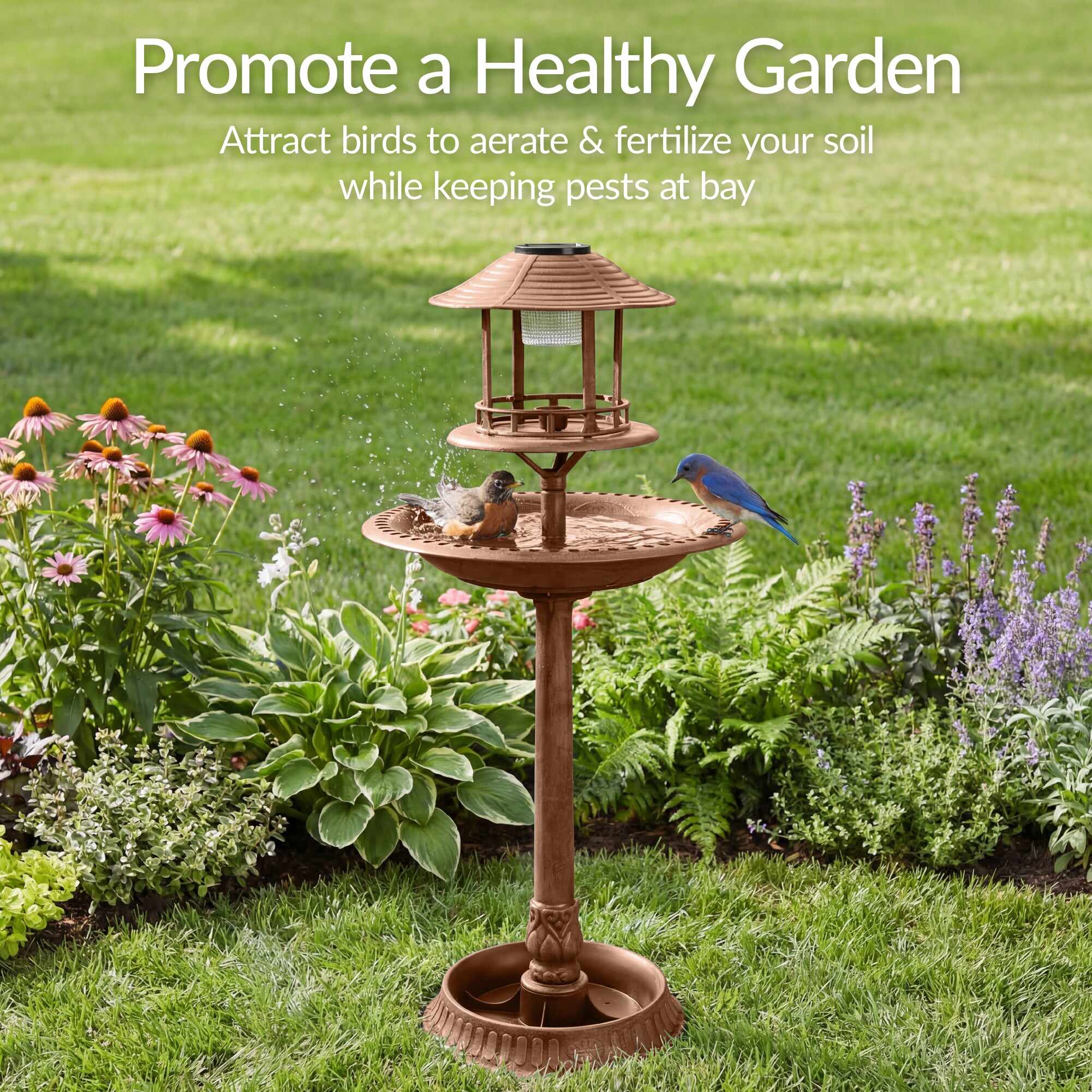Solar Lighted Outdoor Pedestal Bird Bath w/ Planter, Decorative Bird Cage