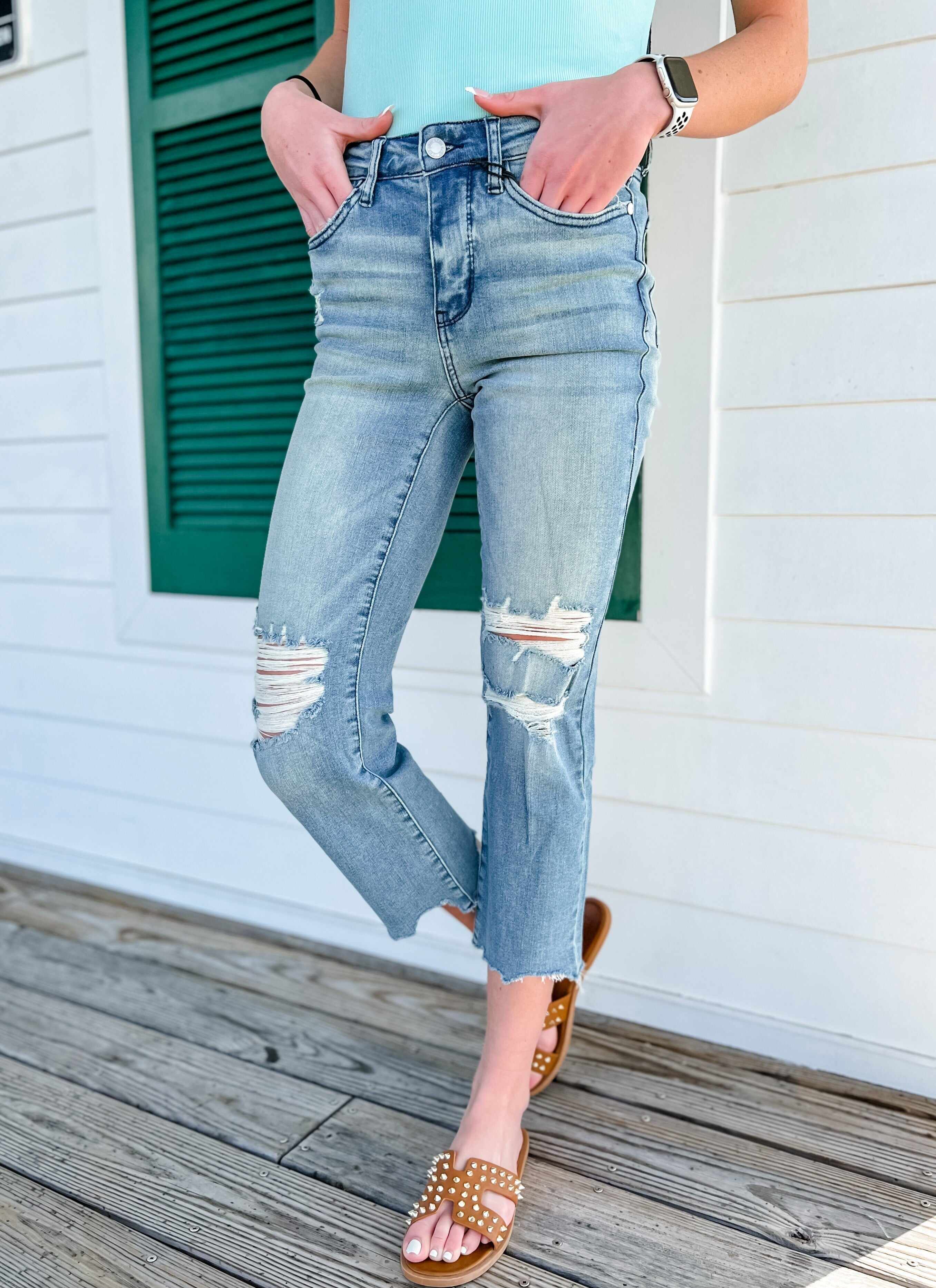🔥Hot Sales🔥Look At Me Now Medium Wash Mid Rise Distressed Cropped Straight Leg Jeans