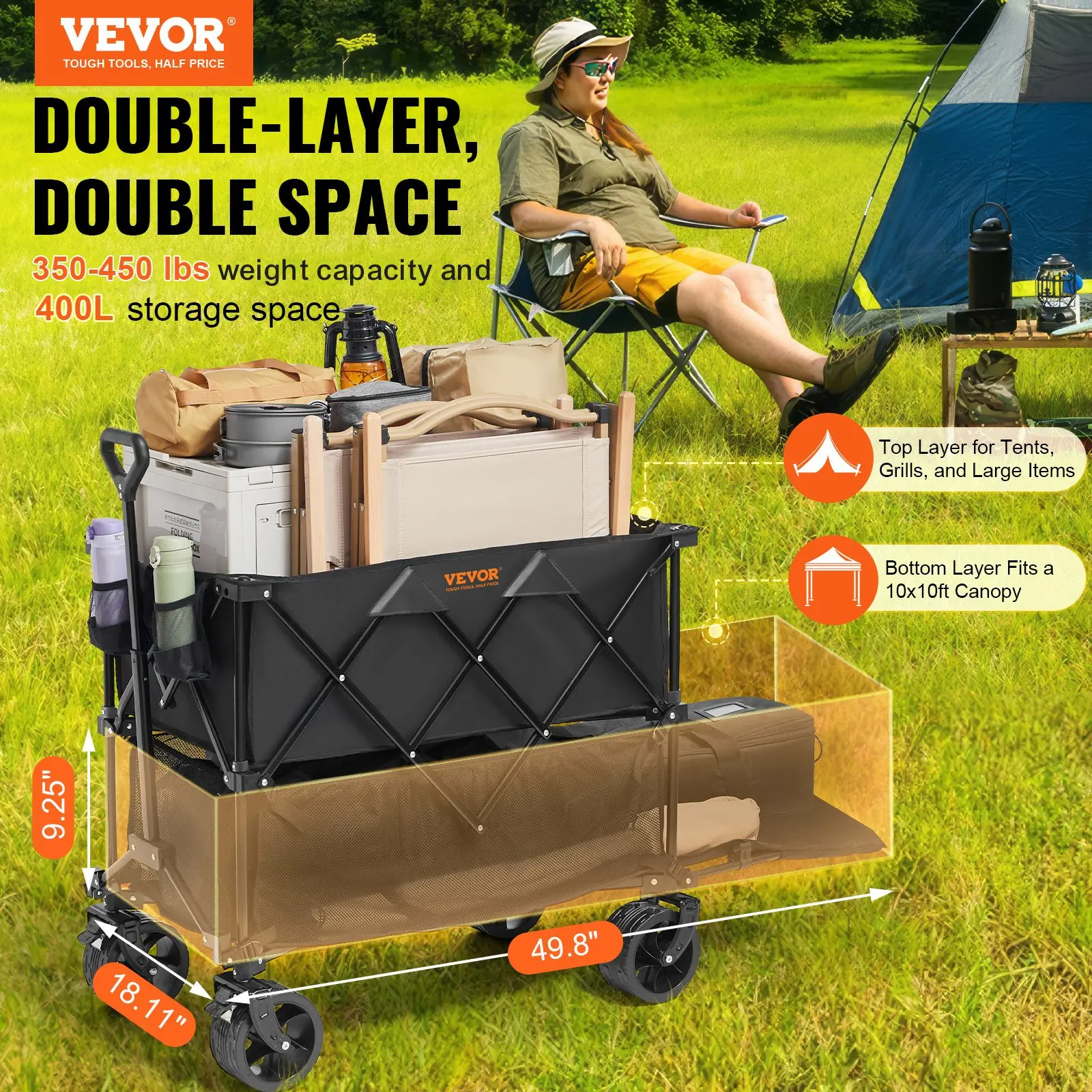Foldable Double Decker Wagon, Collapsible Wagon Cart with All-Terrain Wheels, Heavy Duty Folding Wagon Cart for Camping, Shopping, Garden, 52