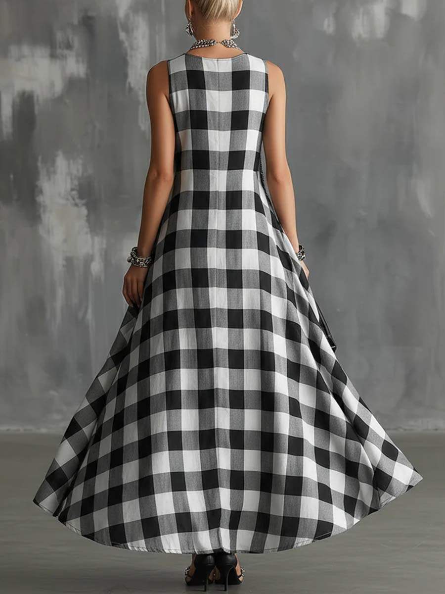 🔥Summer Arrivals🌟Women's V-neck Sleeveless Plaid Print Casual Loose Cotton Linen Dress